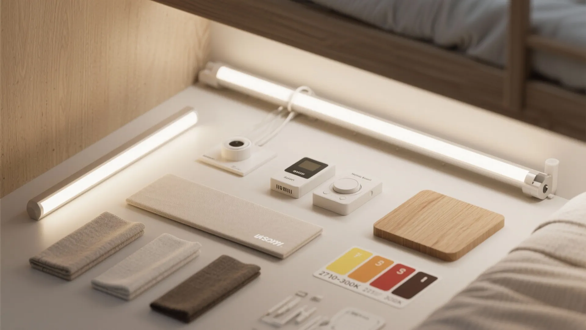 Flatlay of LED channels, diffusers, dimmer, motion sensor, wood veneer, and neutral fabric swatches.