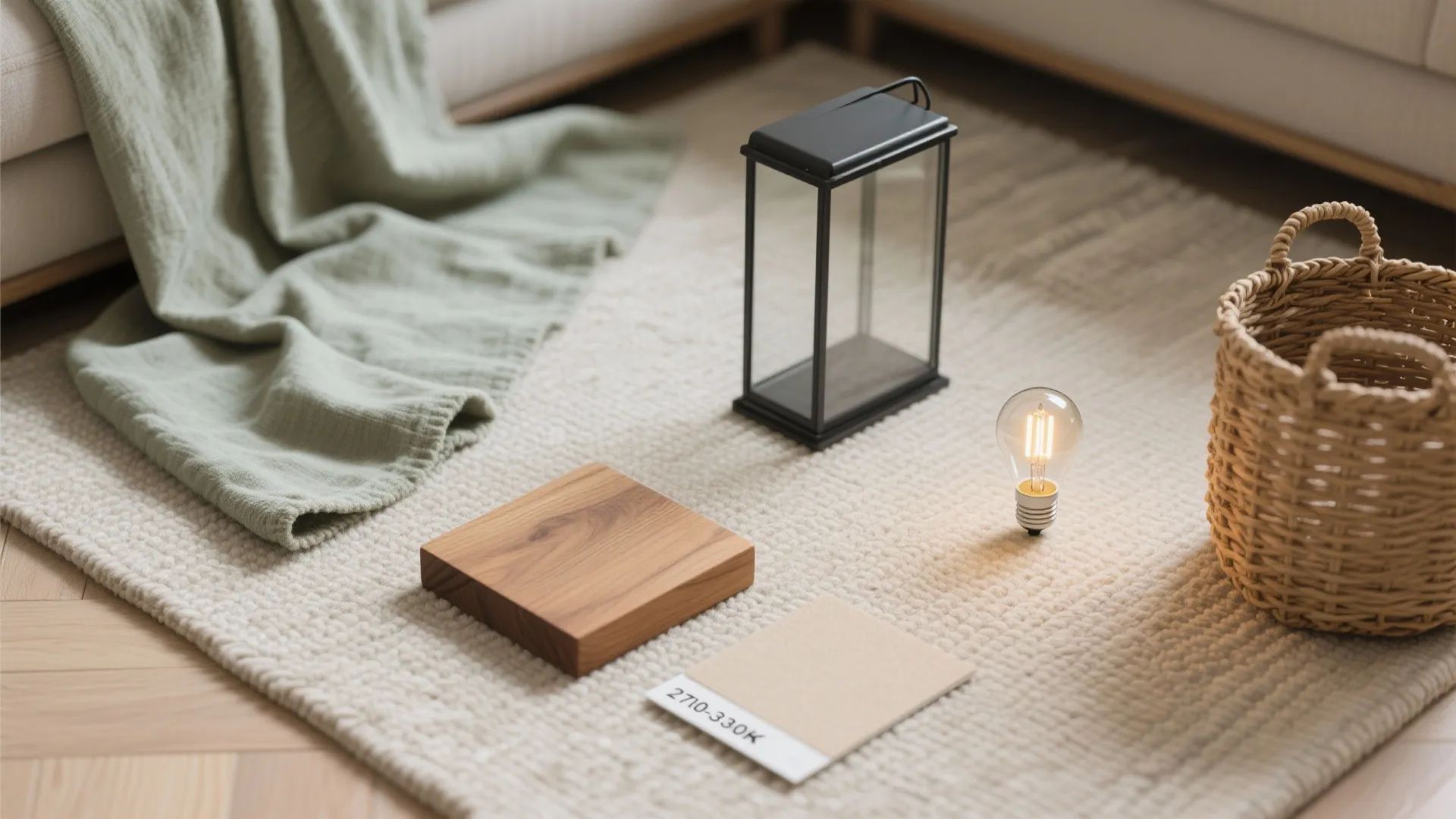 Interior design materials including wood sample light bulb lantern and basket on a beige rug