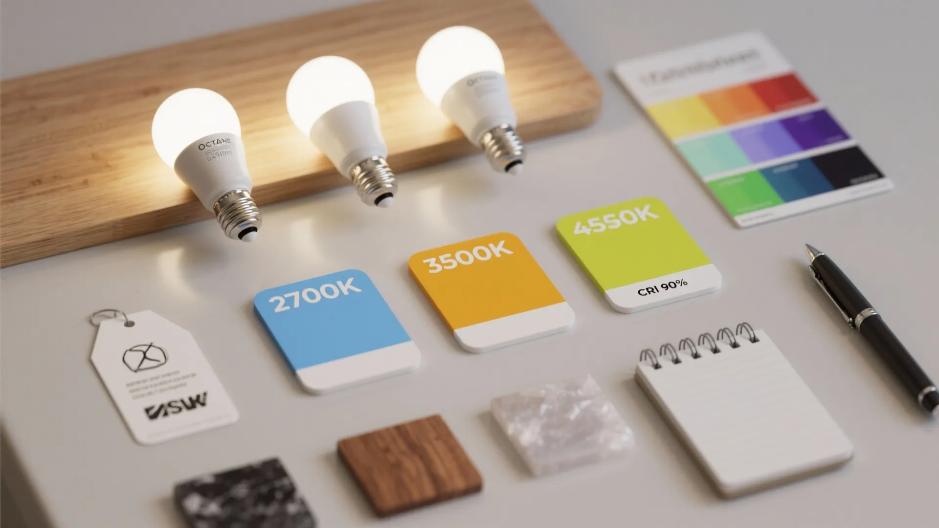 Flat lay showing light bulbs color samples wood swatches marble tile notebook and a black pen