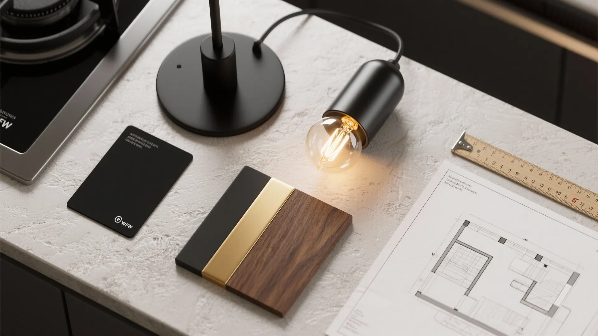 Modern light fixture on a table with wood samples and floor plan interior design drawing