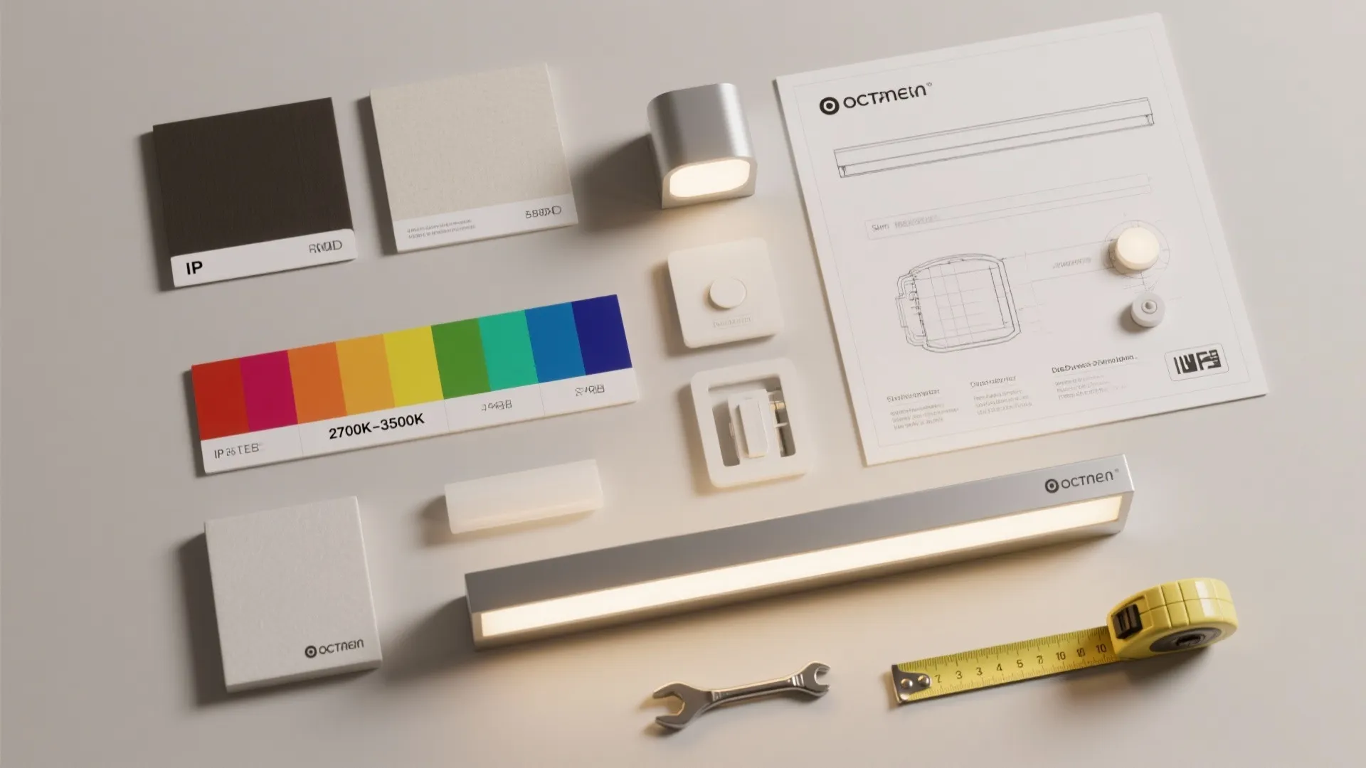 Light fixture material board with color palette tape measure wrench paper drawing and small wall light