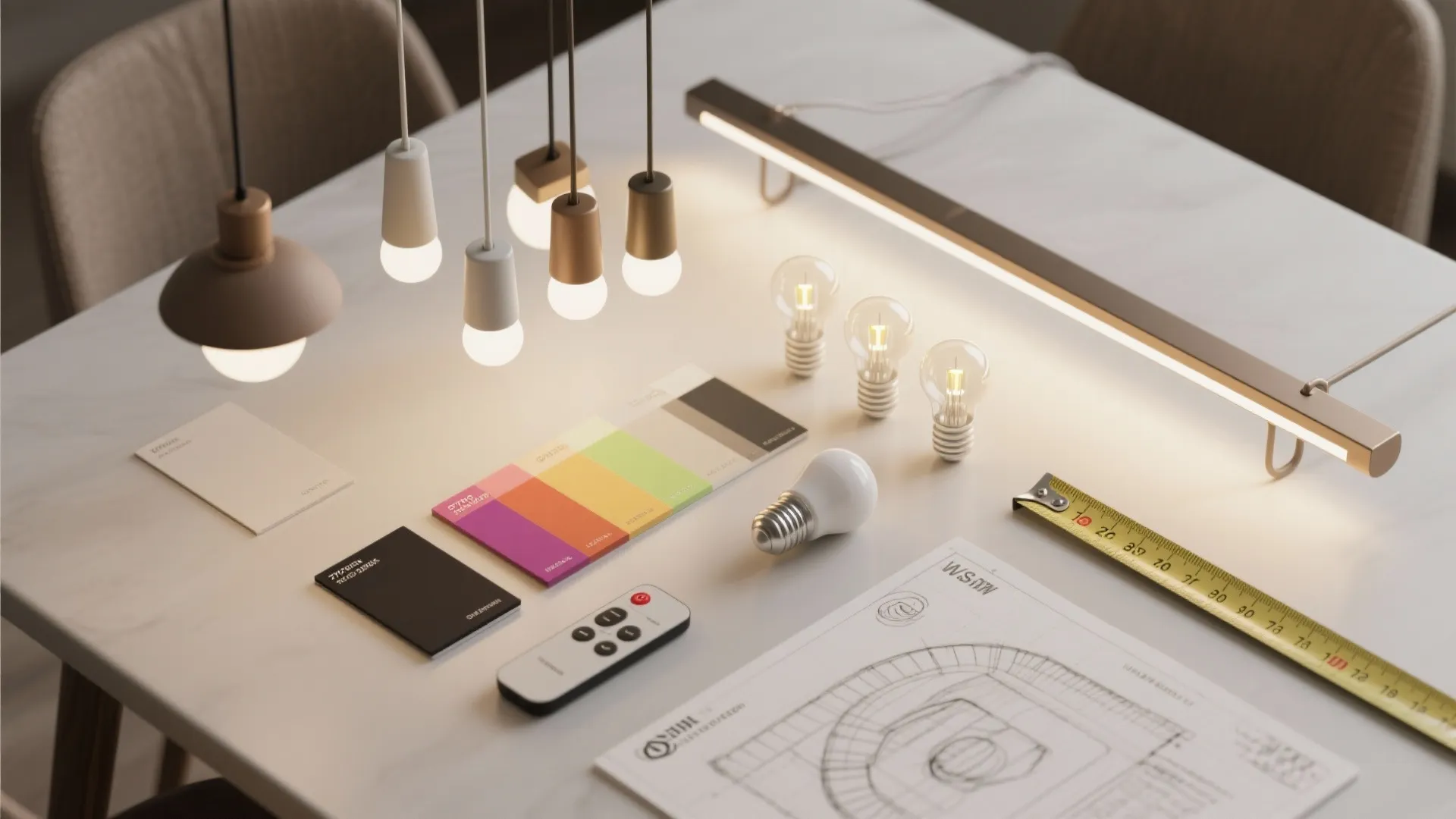 Interior design drawing with light bulbs color swatches remote control measuring tape and ceiling light fixtures
