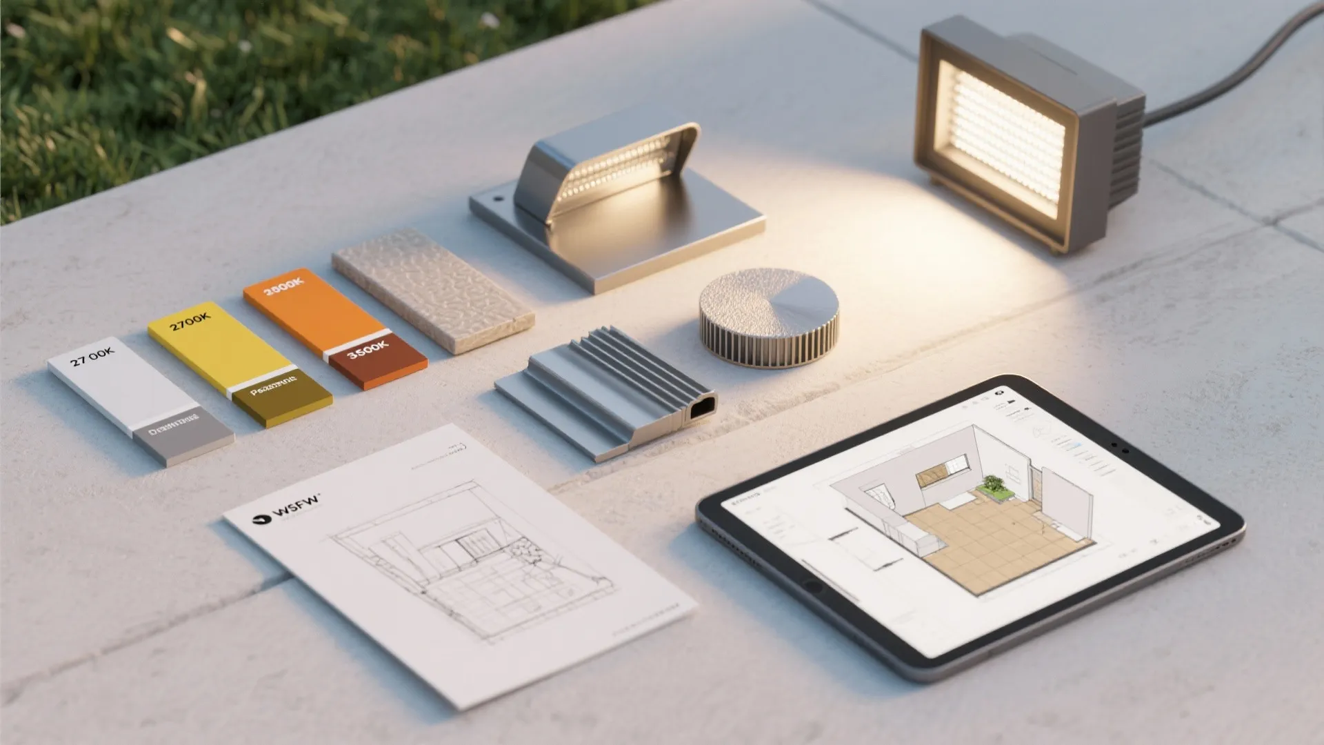 Interior design material flat lay with light fixtures, color samples, paper sketch, and tablet layout