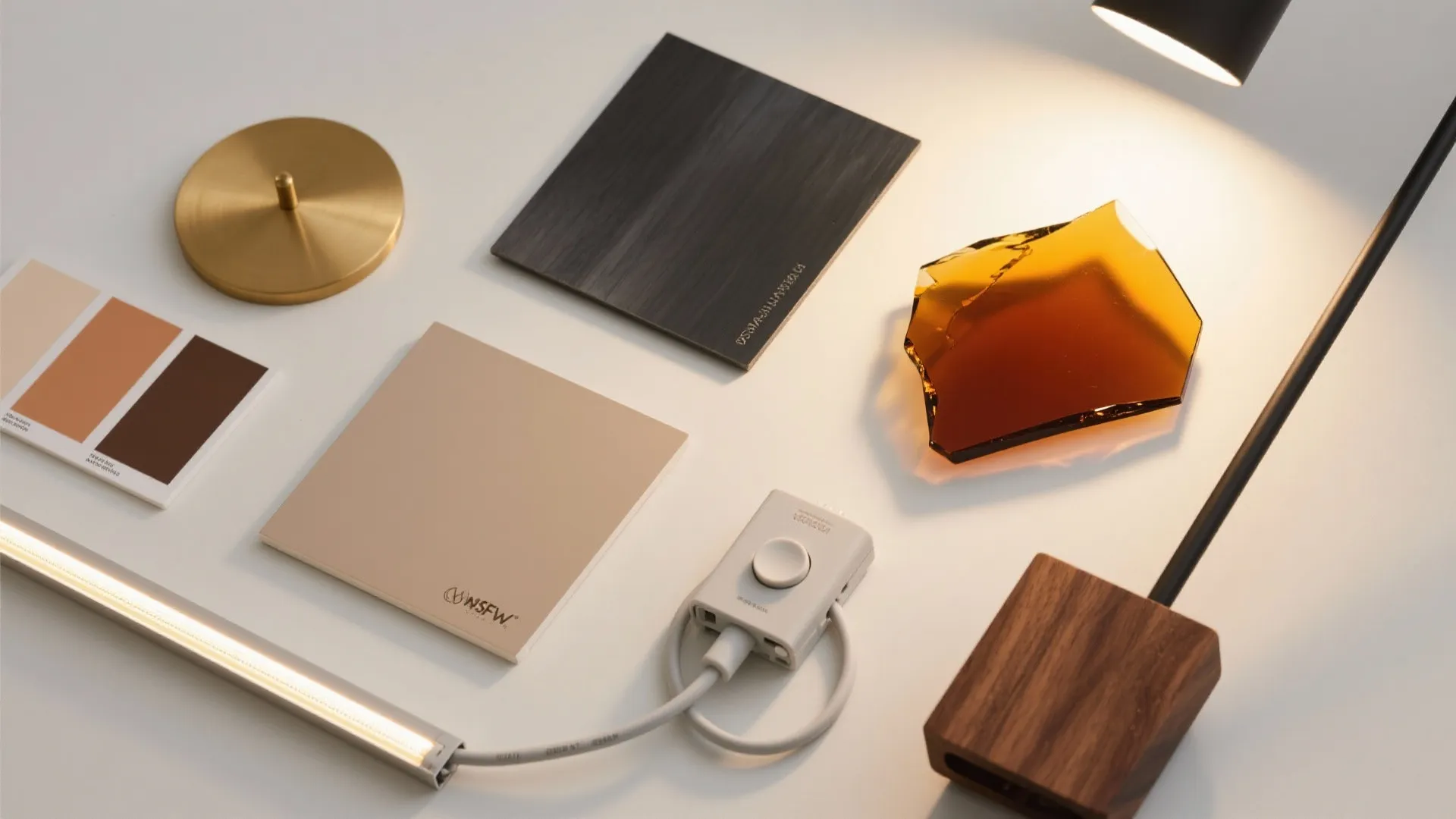 Flat-lay of brass, blackened steel, smoked glass, matte paint chips, LED components, cord cover, and walnut veneer.