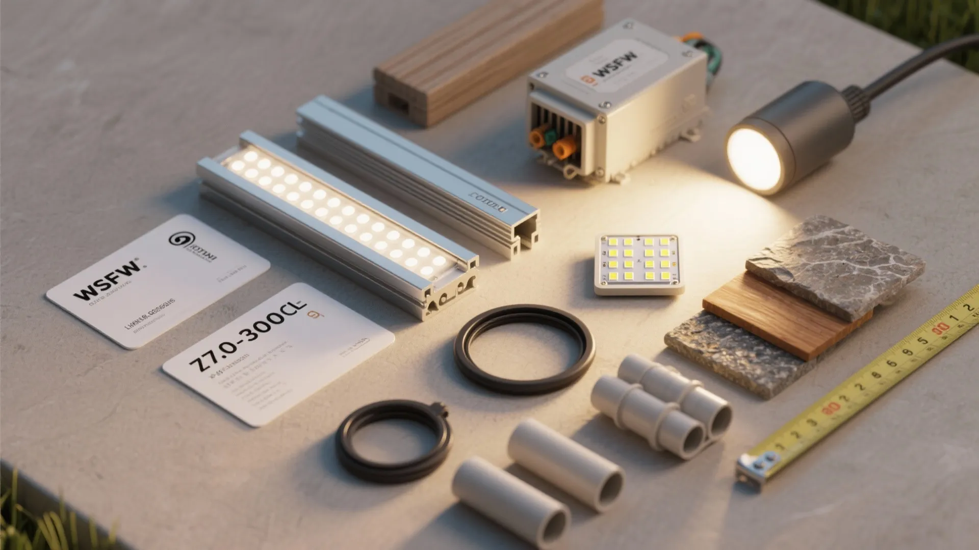 Collection of outdoor light fixtures with stone samples and measuring tape for backyard renovation project