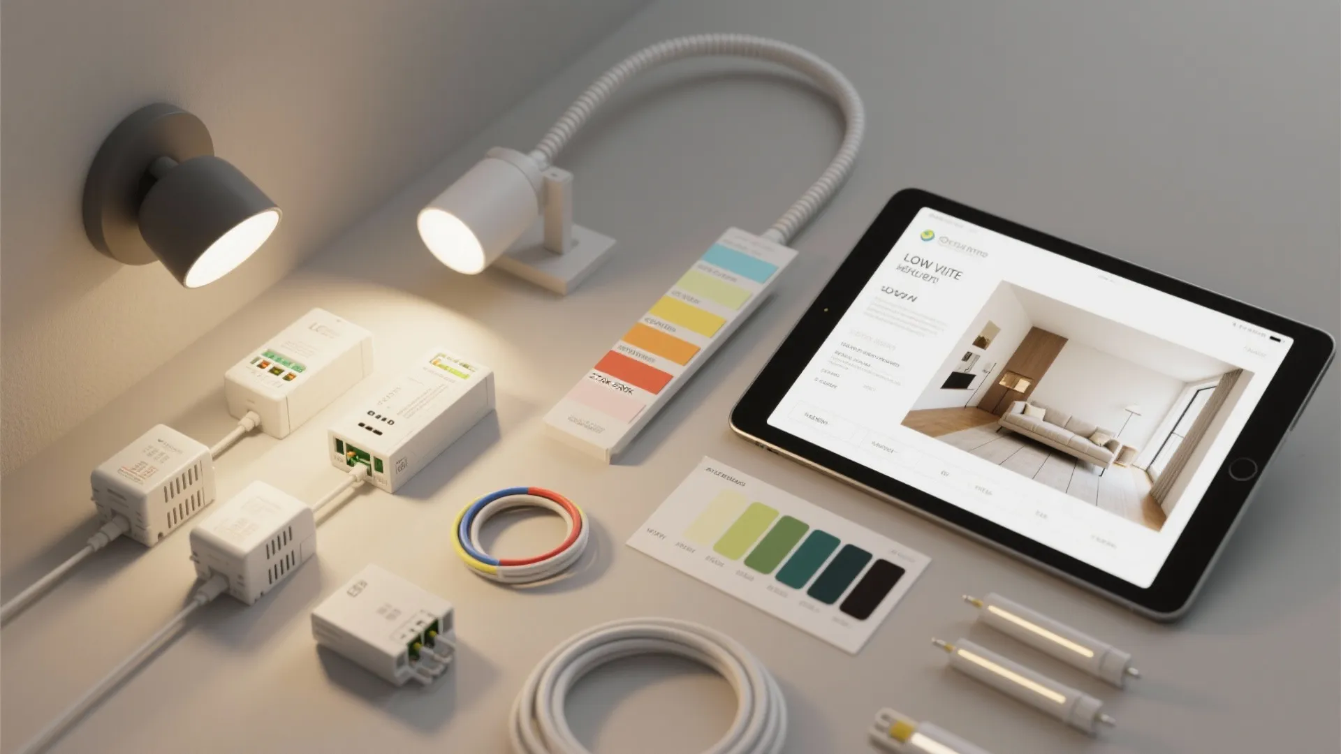 Flatlay of low-voltage lighting components, color temperature swatches, and a tablet showing a 3D mockup.