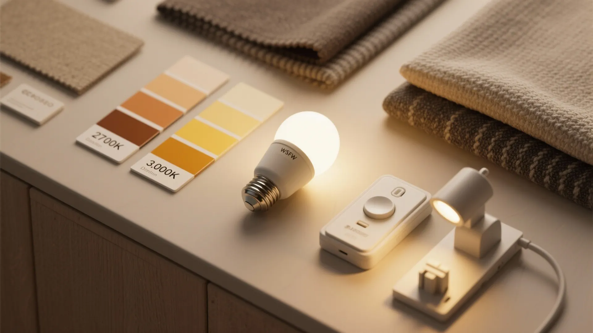 Interior design materials including color cards, fabric samples, warm light bulb, and small desk lamp