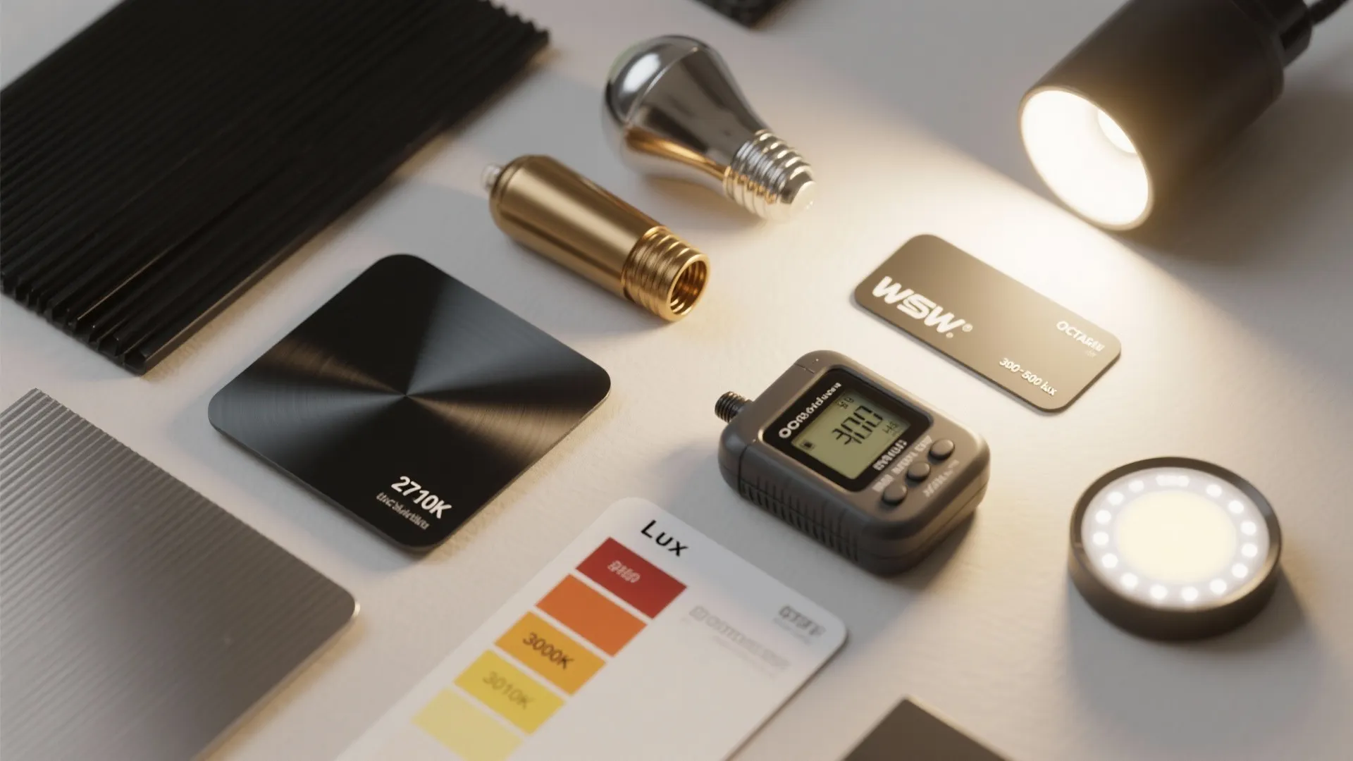 Collection of lighting design samples including light bulbs color charts metal plates and a light meter