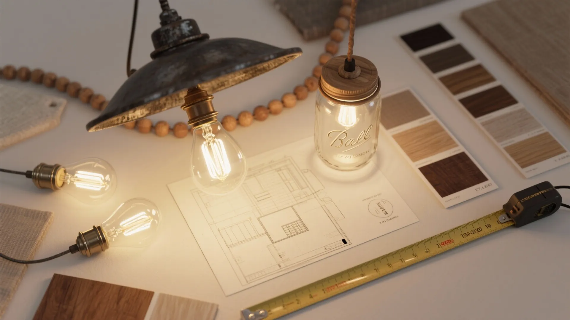 Flatlay of farmhouse lighting samples including filament bulbs, mason jar shade, wood beads and color swatches.