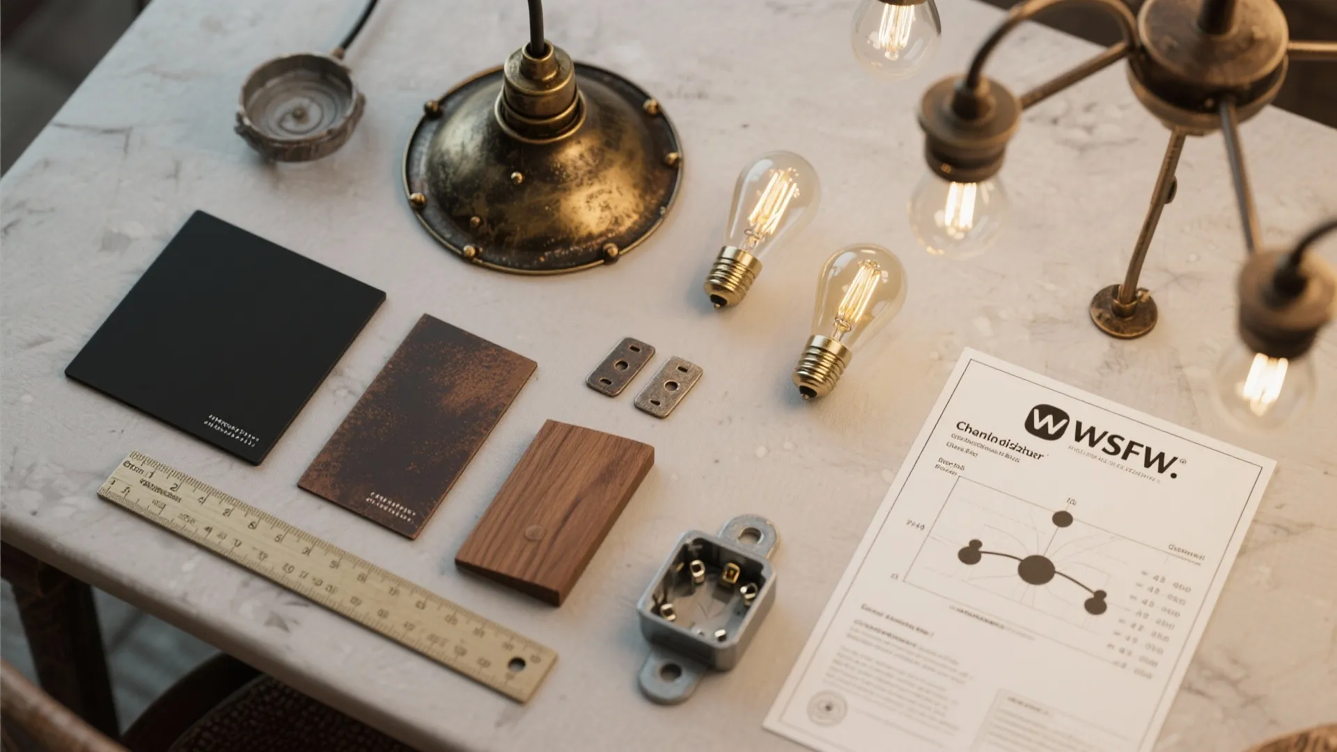 Collection of light bulbs and interior design materials on a table for a lighting project