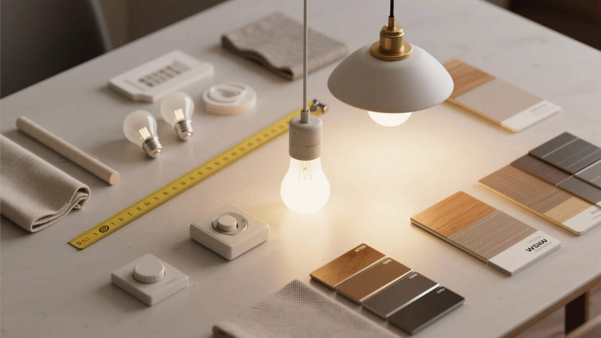Flatlay of warm LED bulbs, pendant mockups, dimmer switch and finish swatches for kitchen lighting planning.