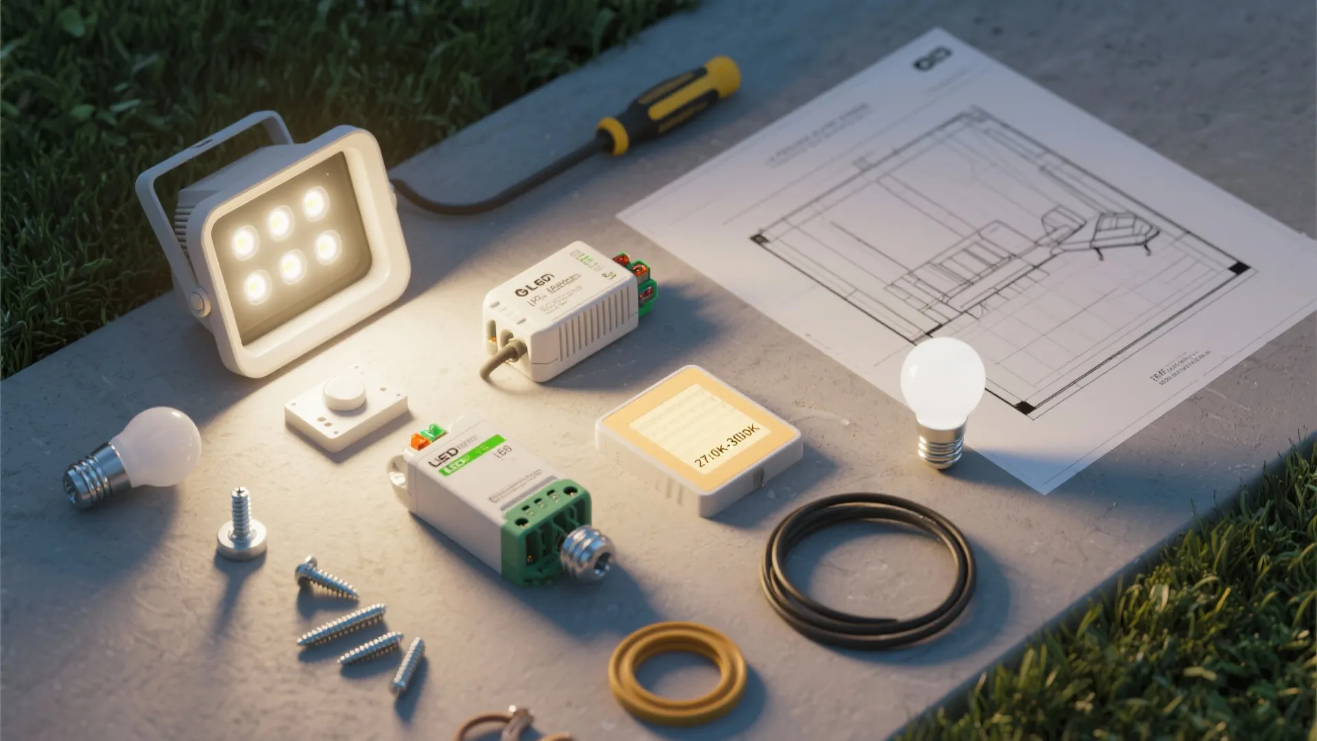 Flatlay of outdoor lighting components, drivers, IP65 fixtures, and a planner sketch for layout planning