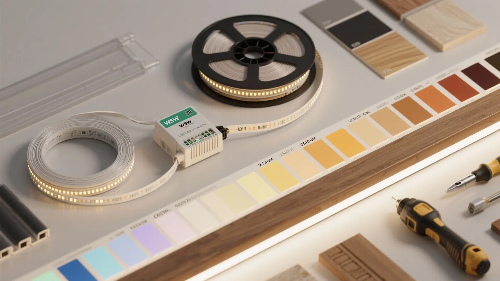 LED strip light rolls with power supply color charts wooden samples and tools on table