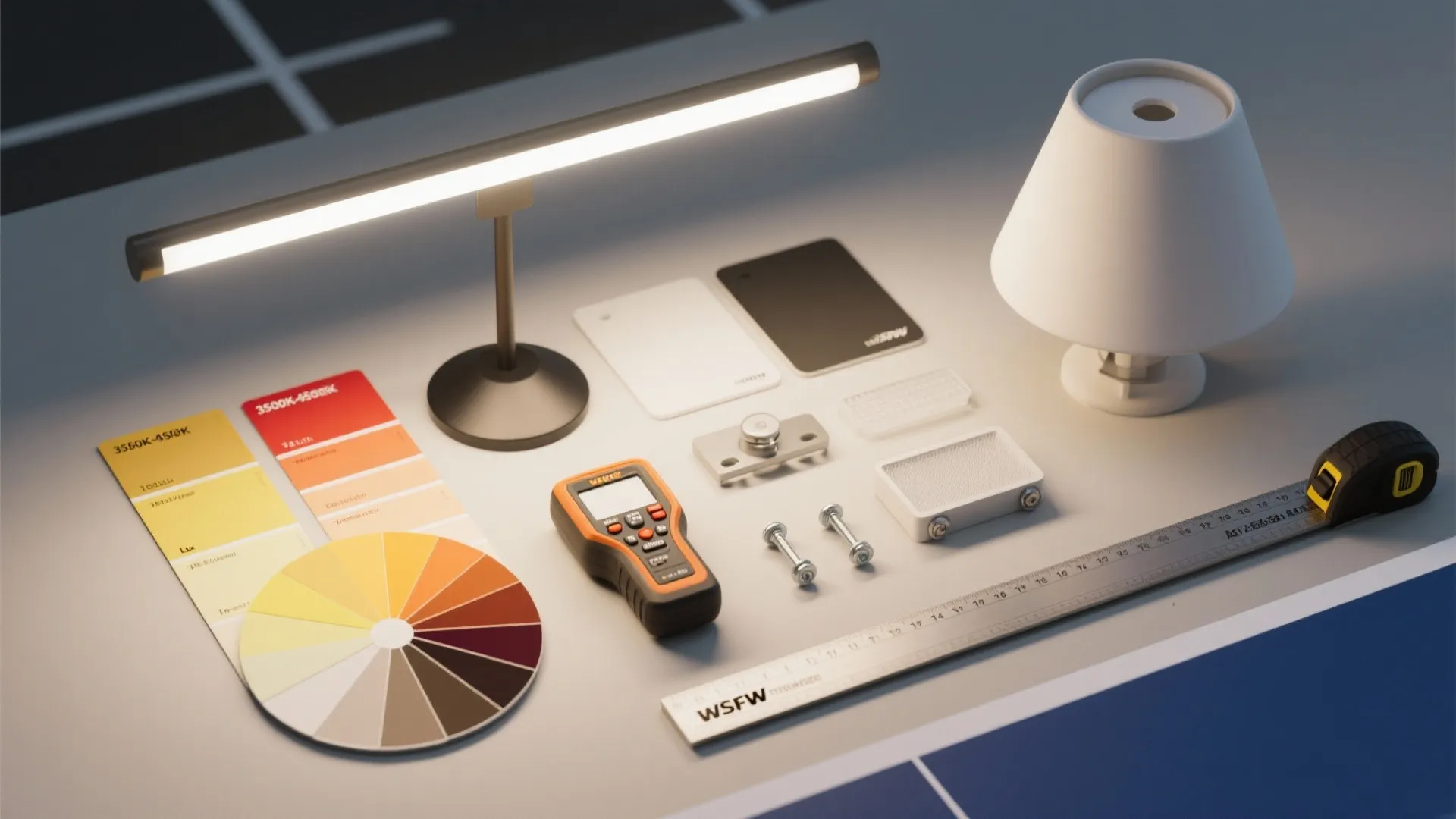 Interior design tools with color wheel measuring tape small lamps and light meter on desk