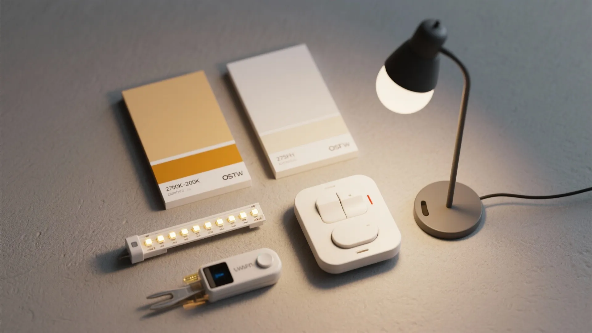 Table desk lamp lighting white light switch and yellow color cards on a grey desk surface