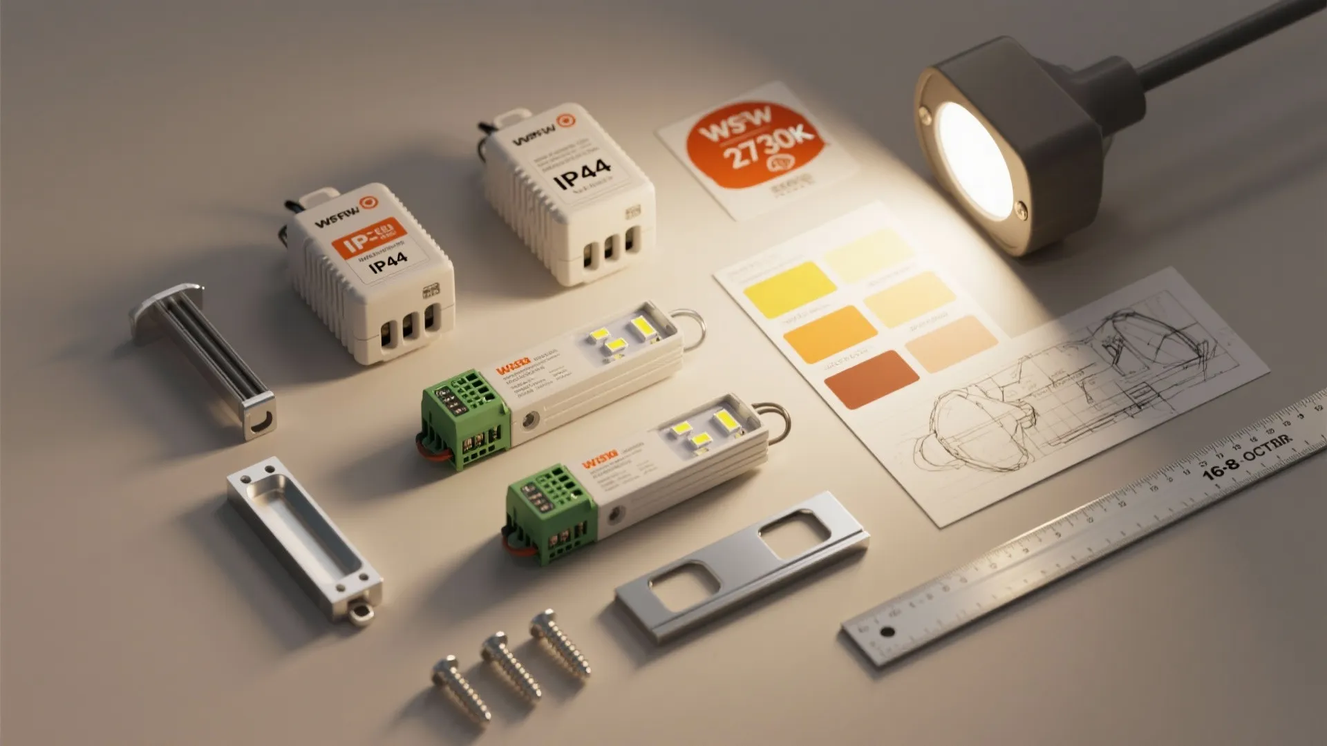 Flat lay of lighting parts, small light fixture, color palette, ruler, and interior design drawing