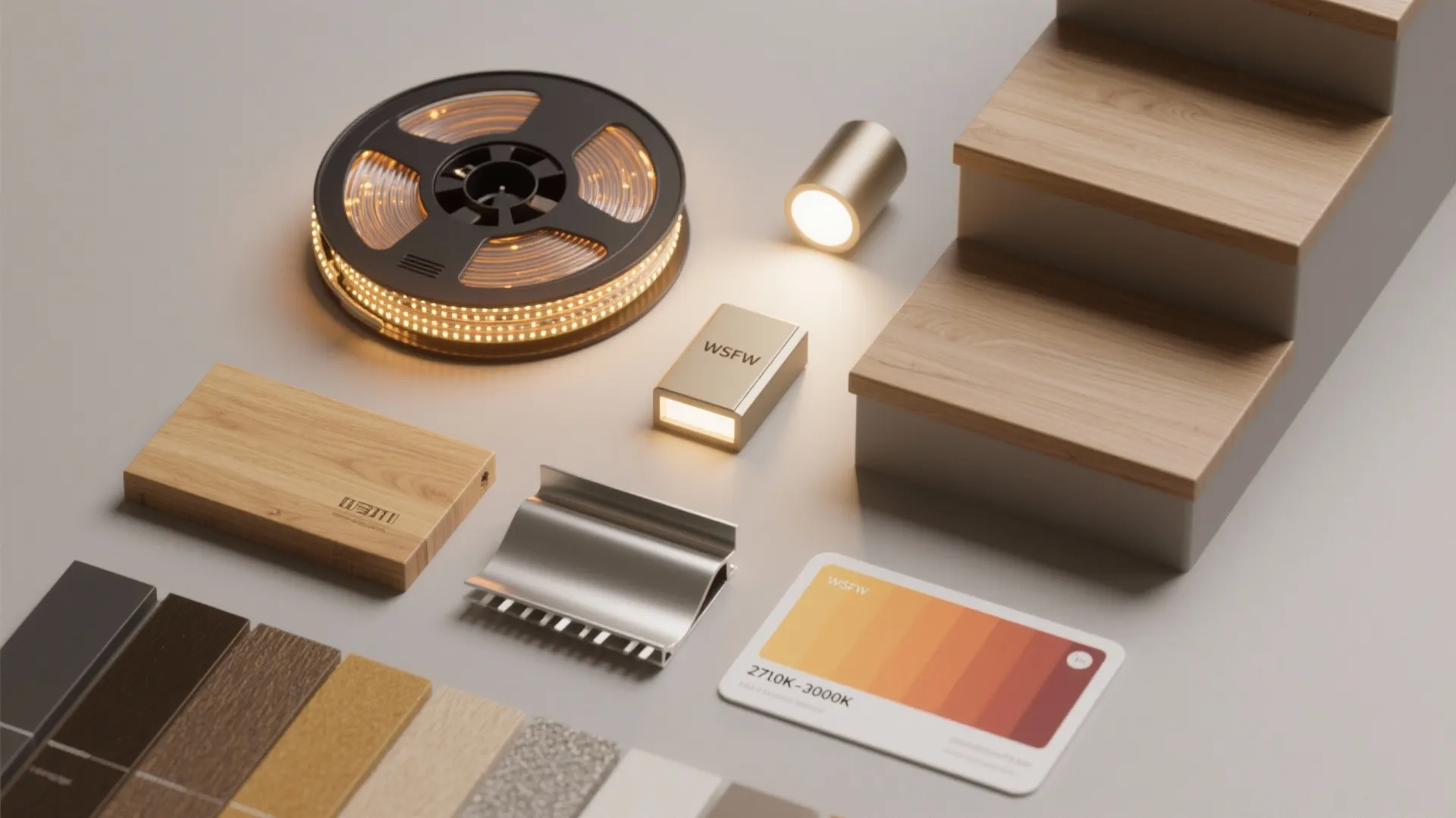 Flatlay of stair lighting samples including LED strip, sconce sample, trim and color temperature card