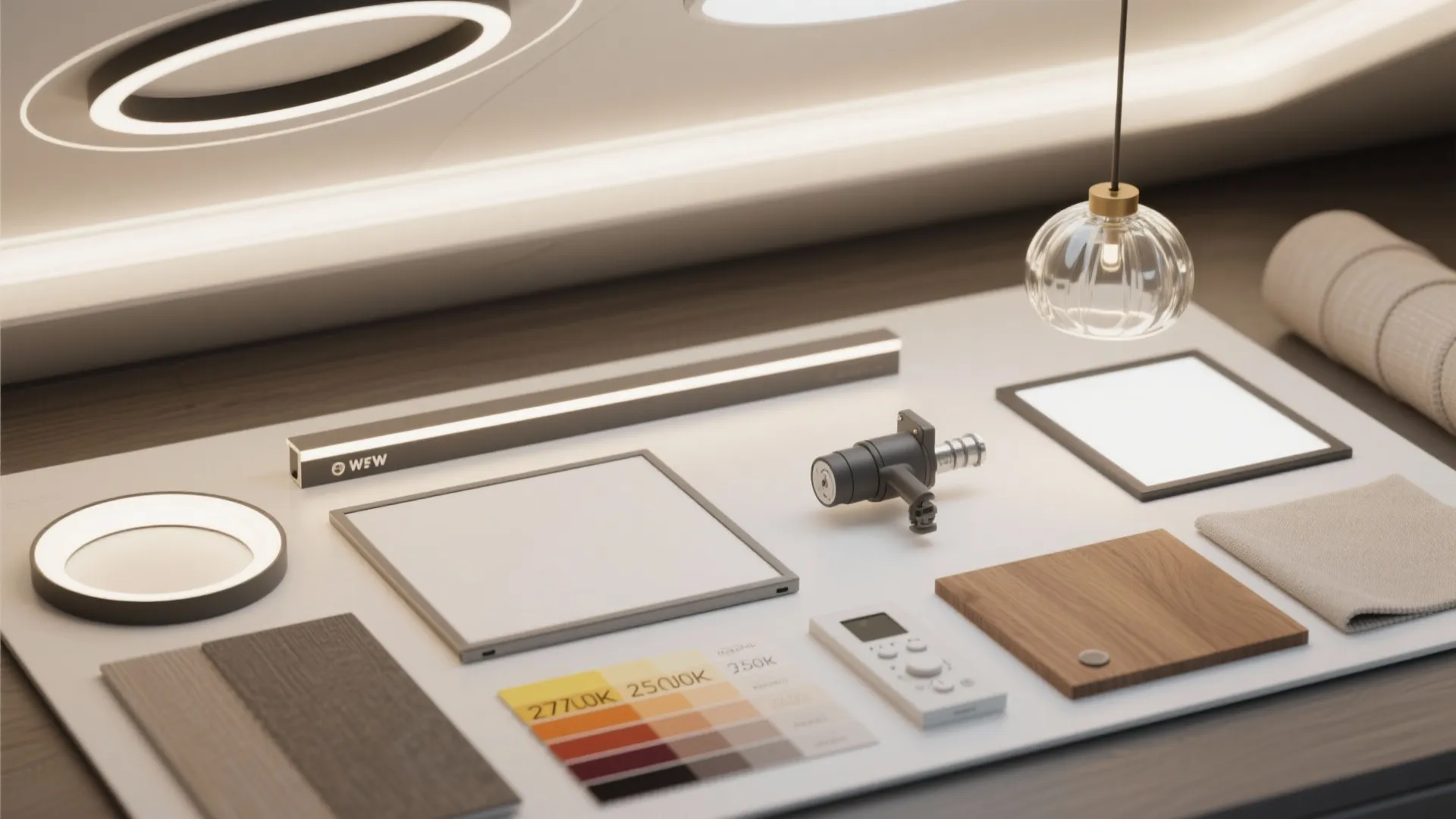 Flat lay showing light fixtures wood samples color swatches and textile materials for interior design planning