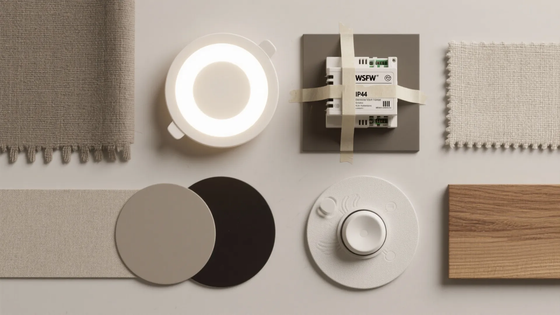 Flatlay of circular LED fixture samples, dimmer driver, IP44 label and painter's tape mock-up