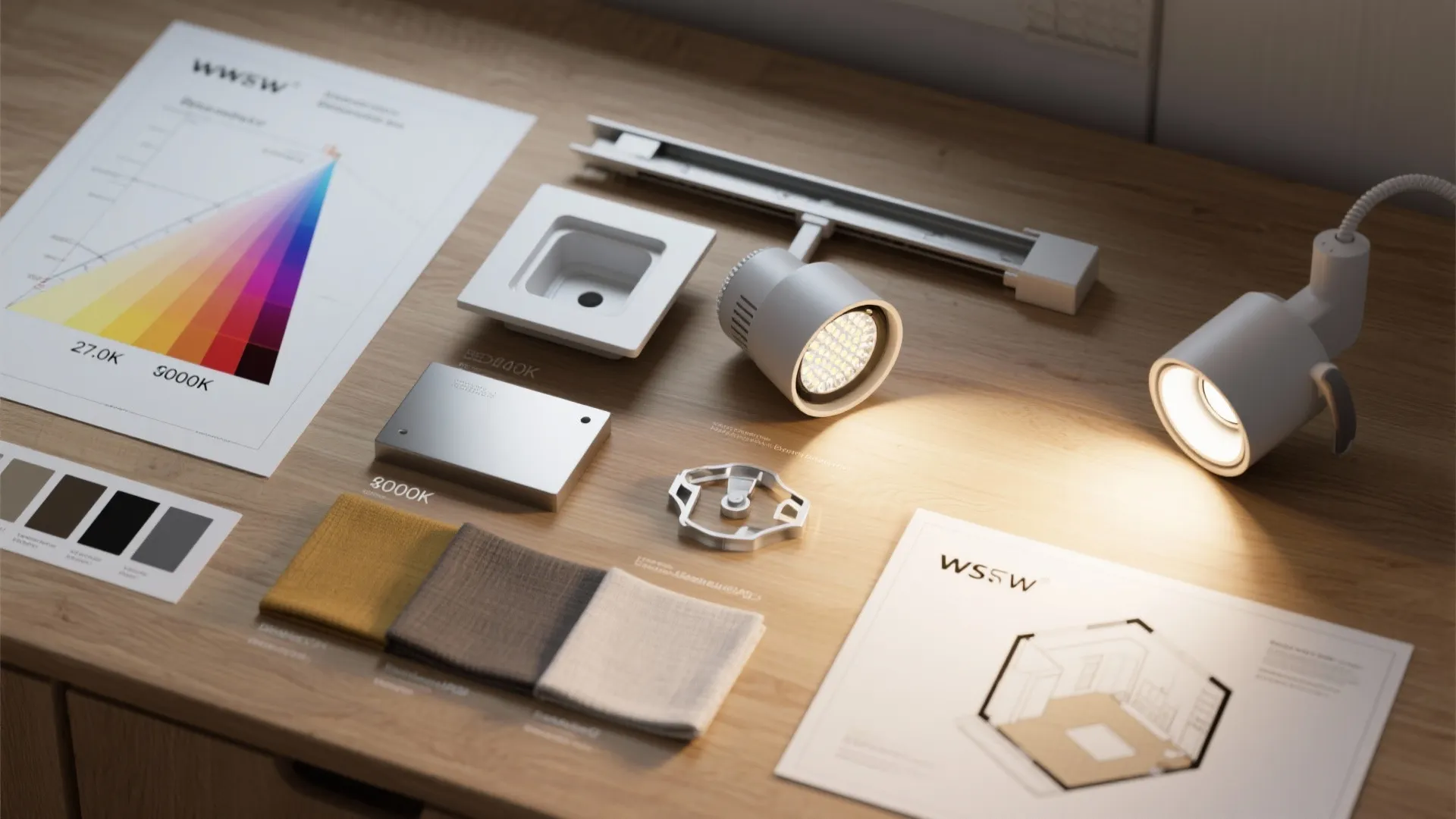 Lighting design flatlay with white track light fixtures and fabric samples on a wooden desk surface