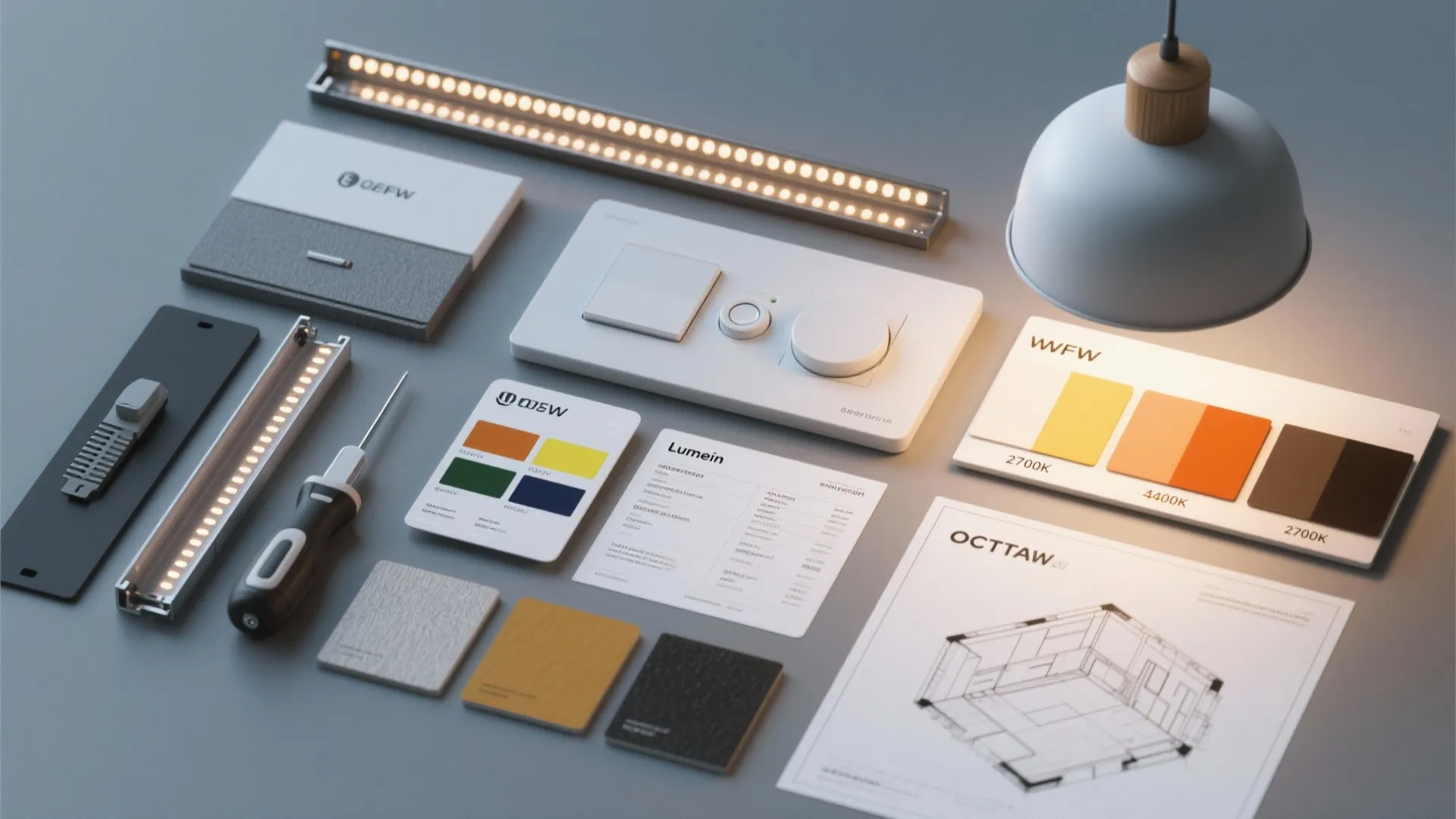 Flat lay of interior design materials including light fixture switch color cards screwdriver and layout