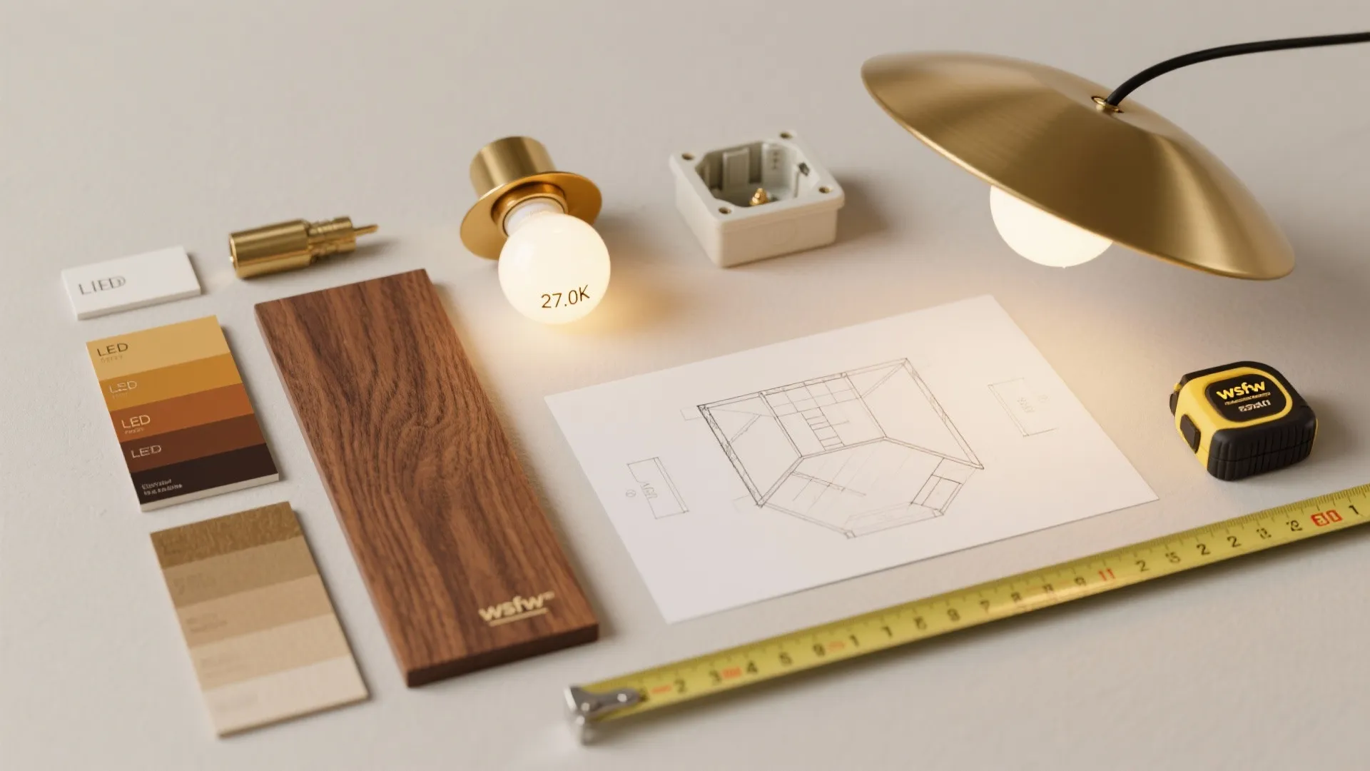 Modern interior design drawing with light fixtures wood samples color swatches and yellow measuring tape