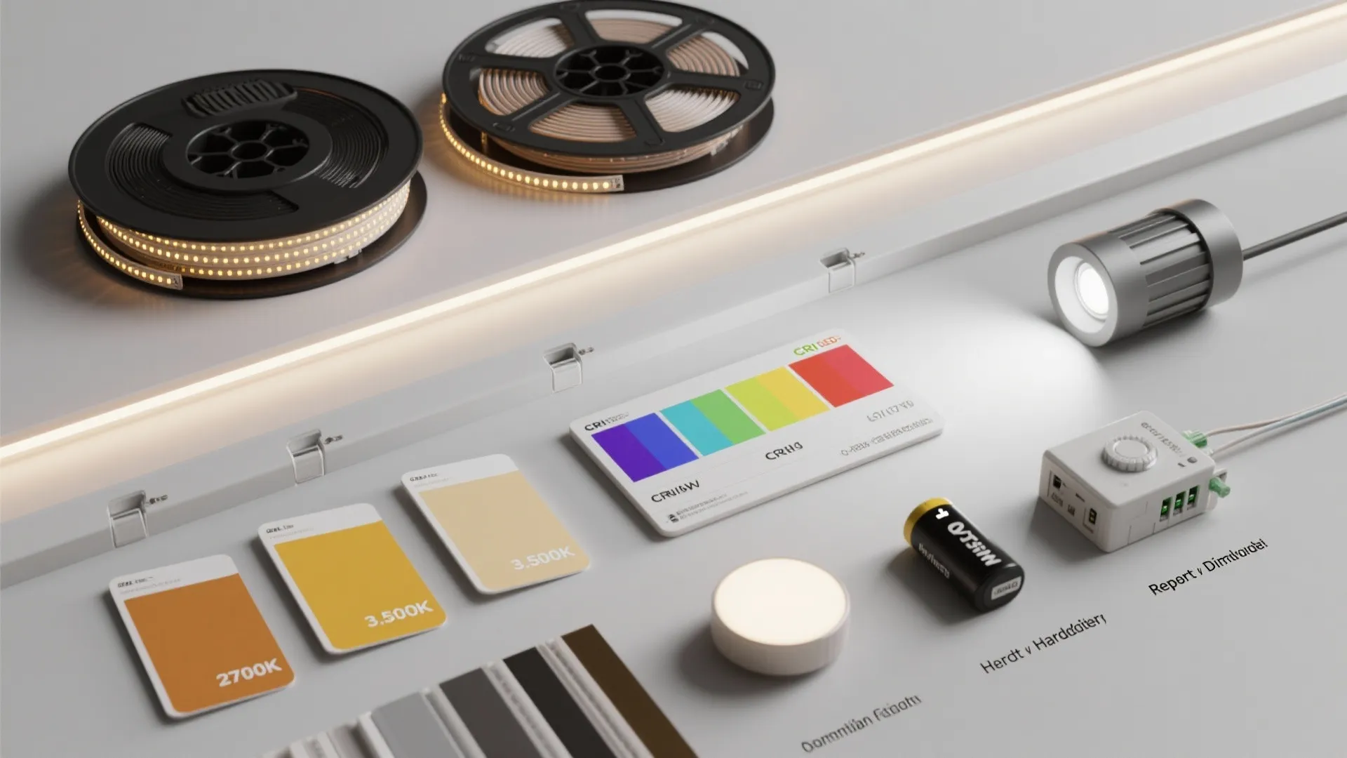 Various light fixture components including led strips color cards and small spotlight on white background