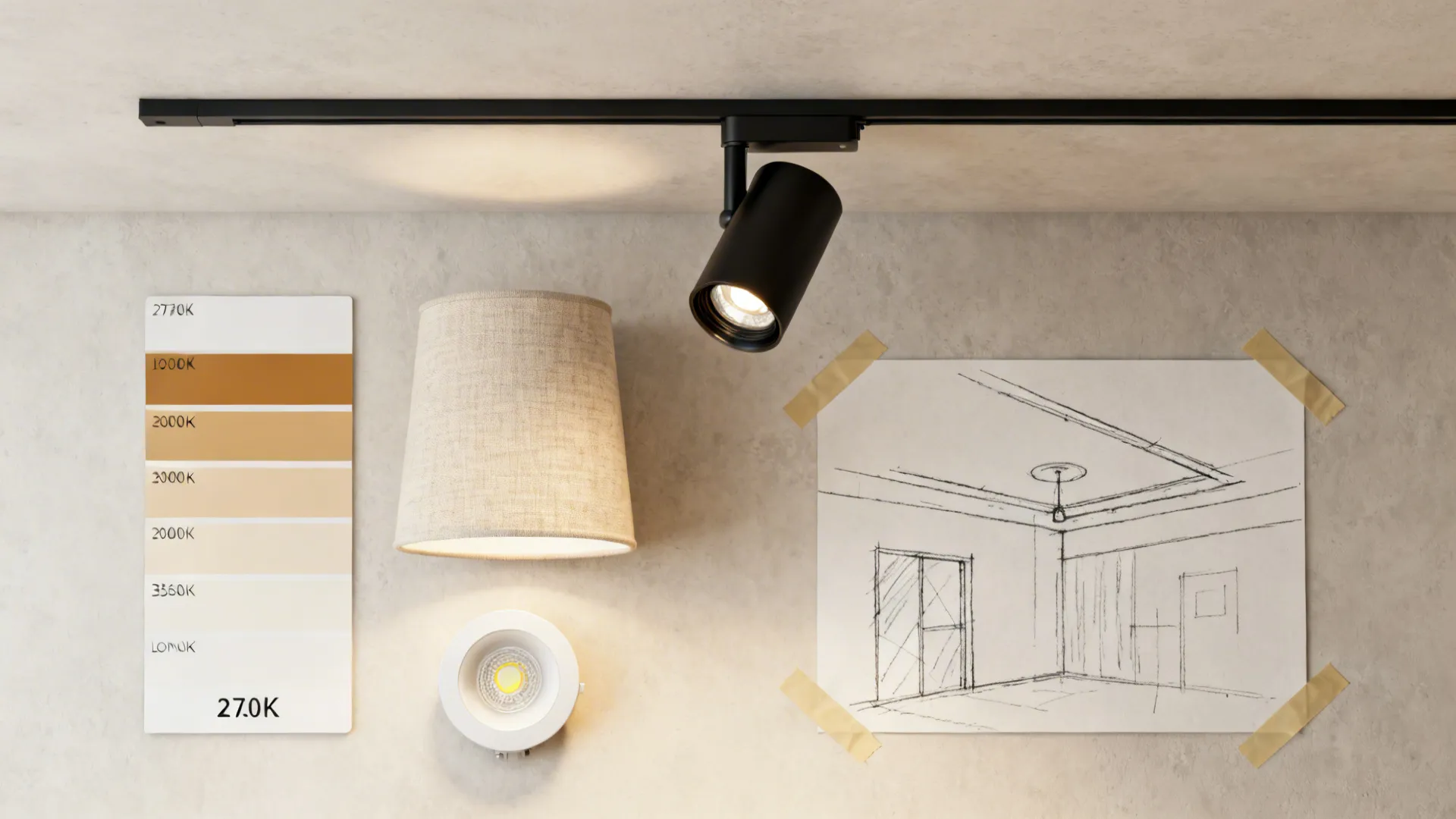 Flatlay of lighting samples and color temperature swatches for choosing ceiling lights in small living rooms.