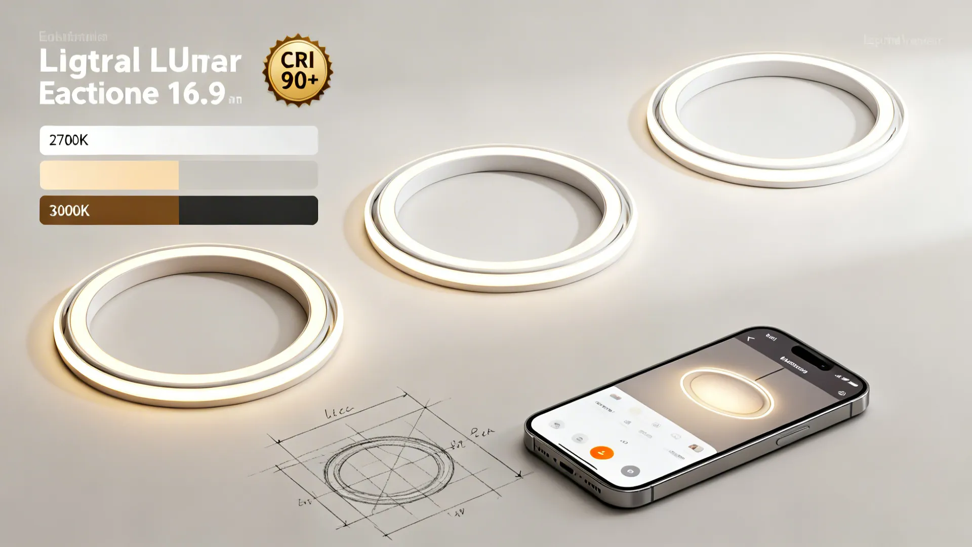 Flatlay of lighting samples, color temperature swatches, CRI badge and sketch for recessed lighting planning.