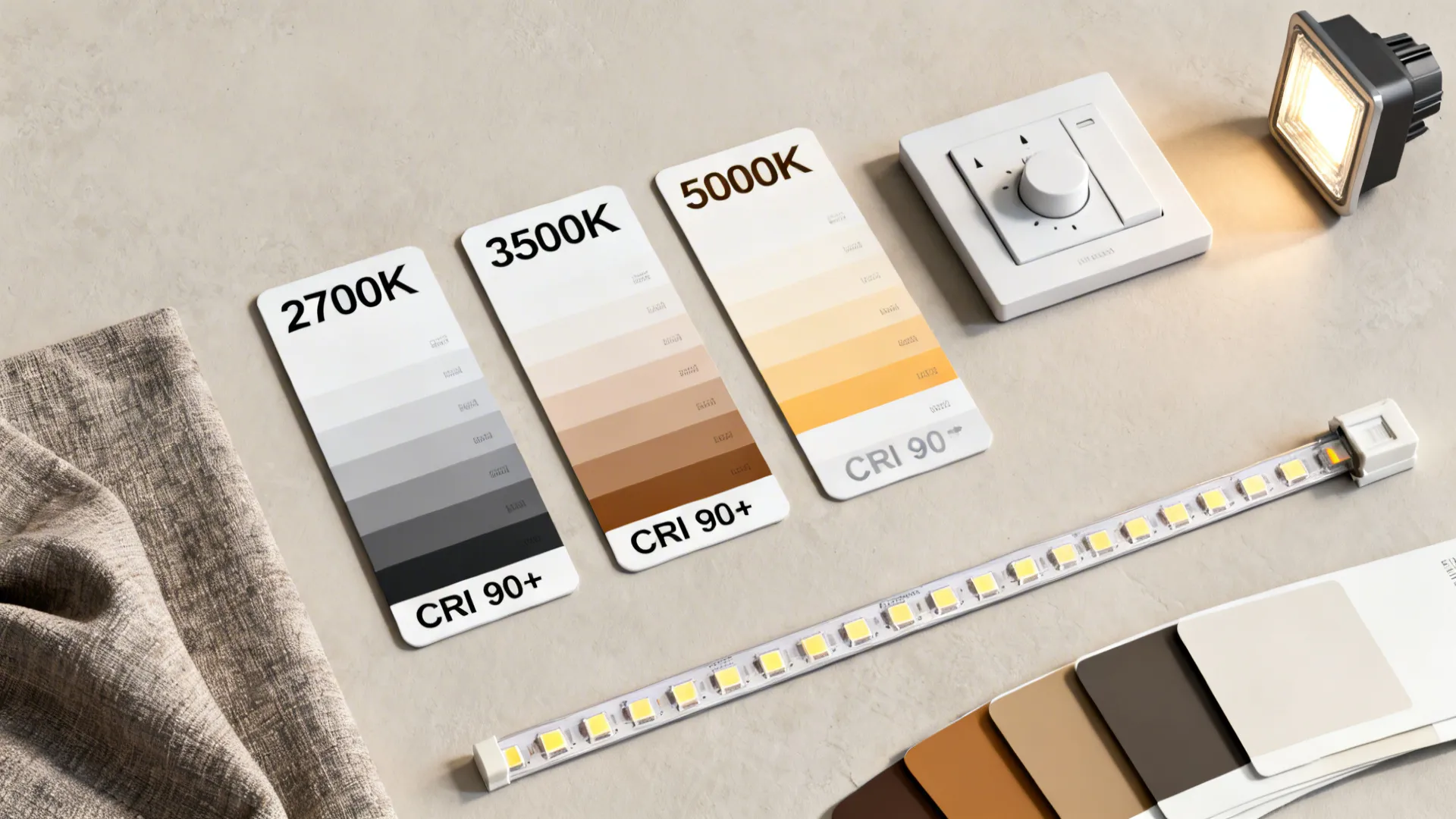 Flatlay of color temperature swatches, CRI cards, dimmer and LED samples for lighting planning.