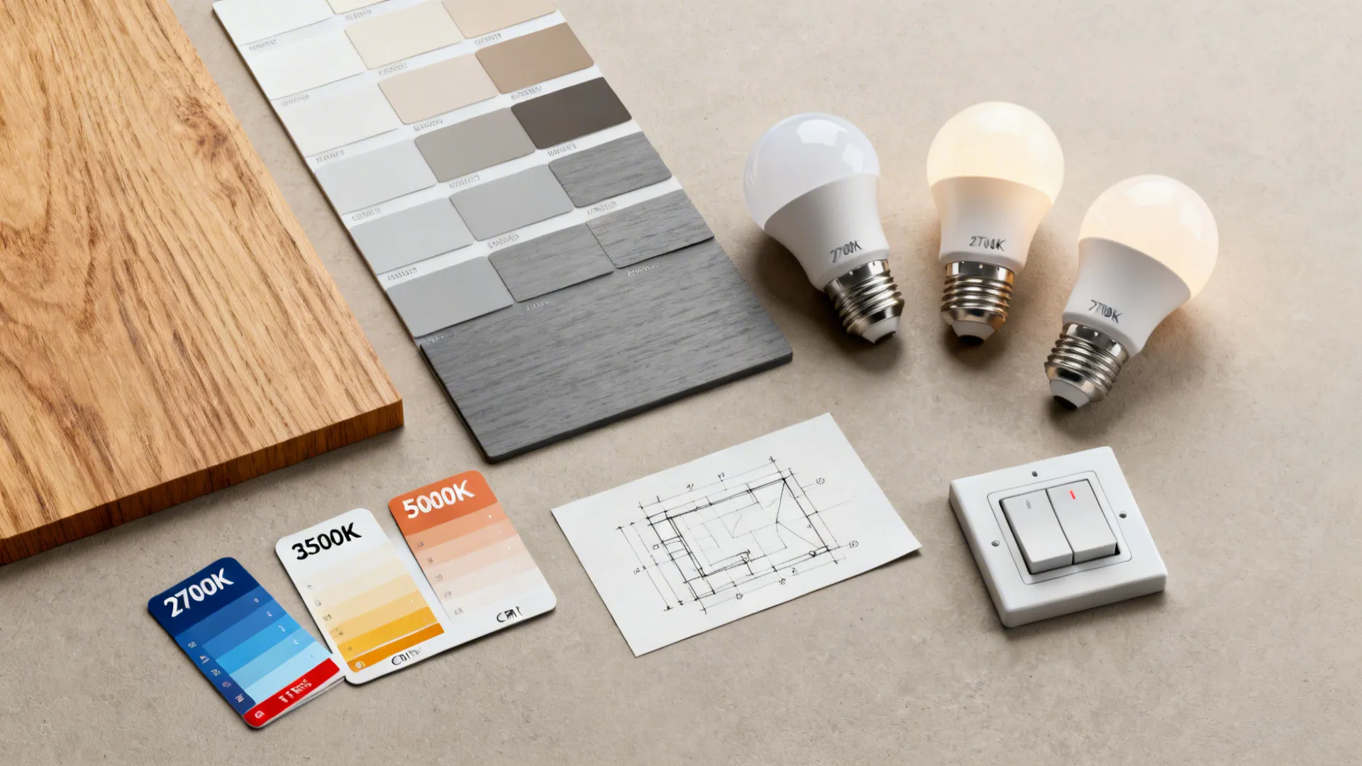 Flatlay of finish swatches, bulb samples, CRI cards and a lighting sketch for planning bulb selection.