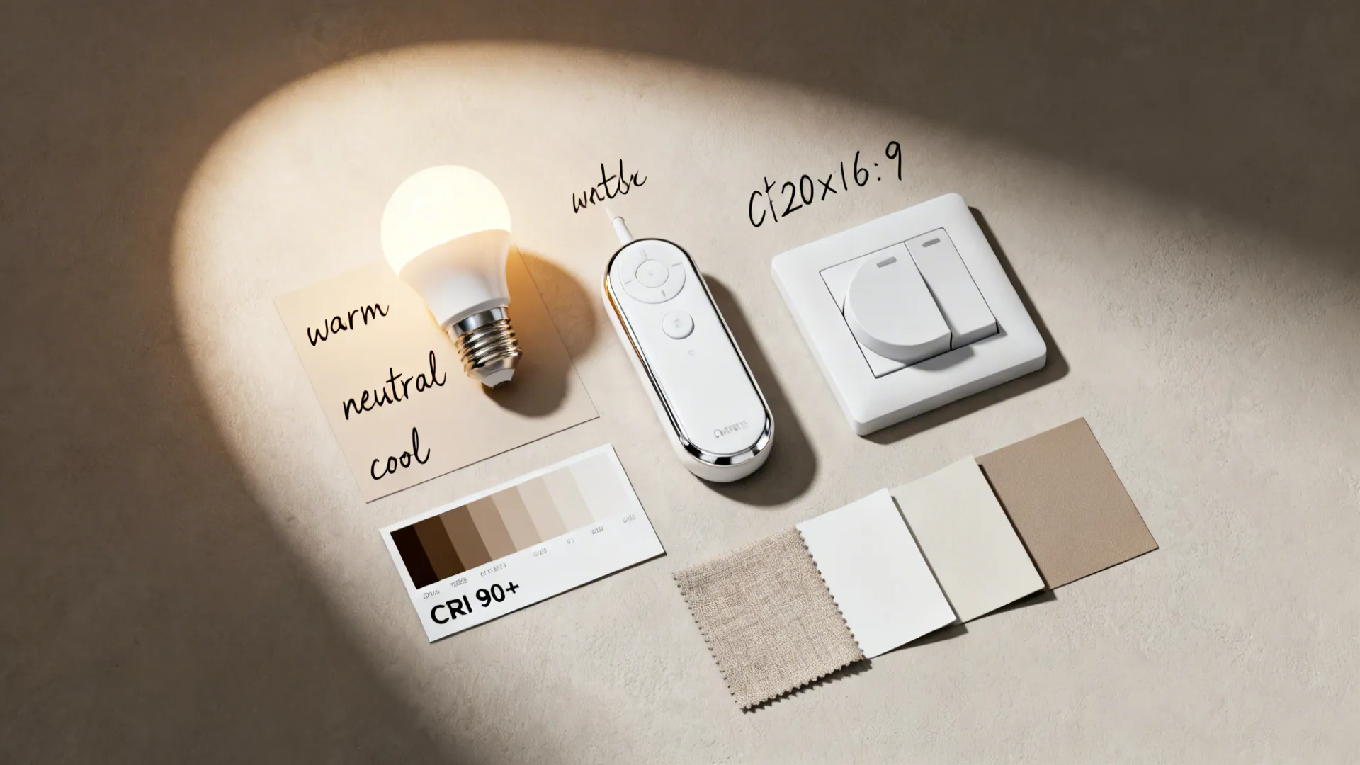 Flatlay of bulbs, dimmer, tunable white controller, and CRI swatches for planning living room lighting.