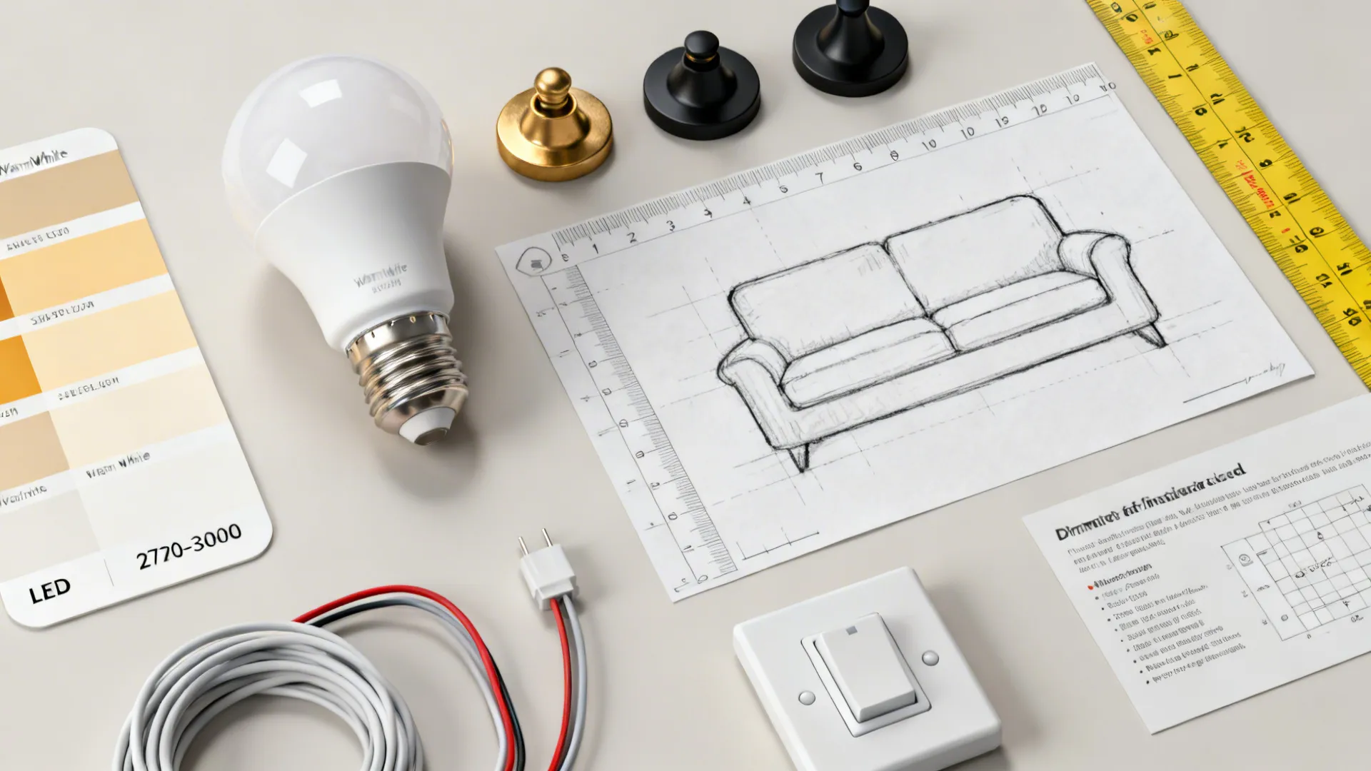 Top-down flatlay of LED bulb samples, finish swatches, scale diagram and dimmer switch for choosing large ceiling lights.