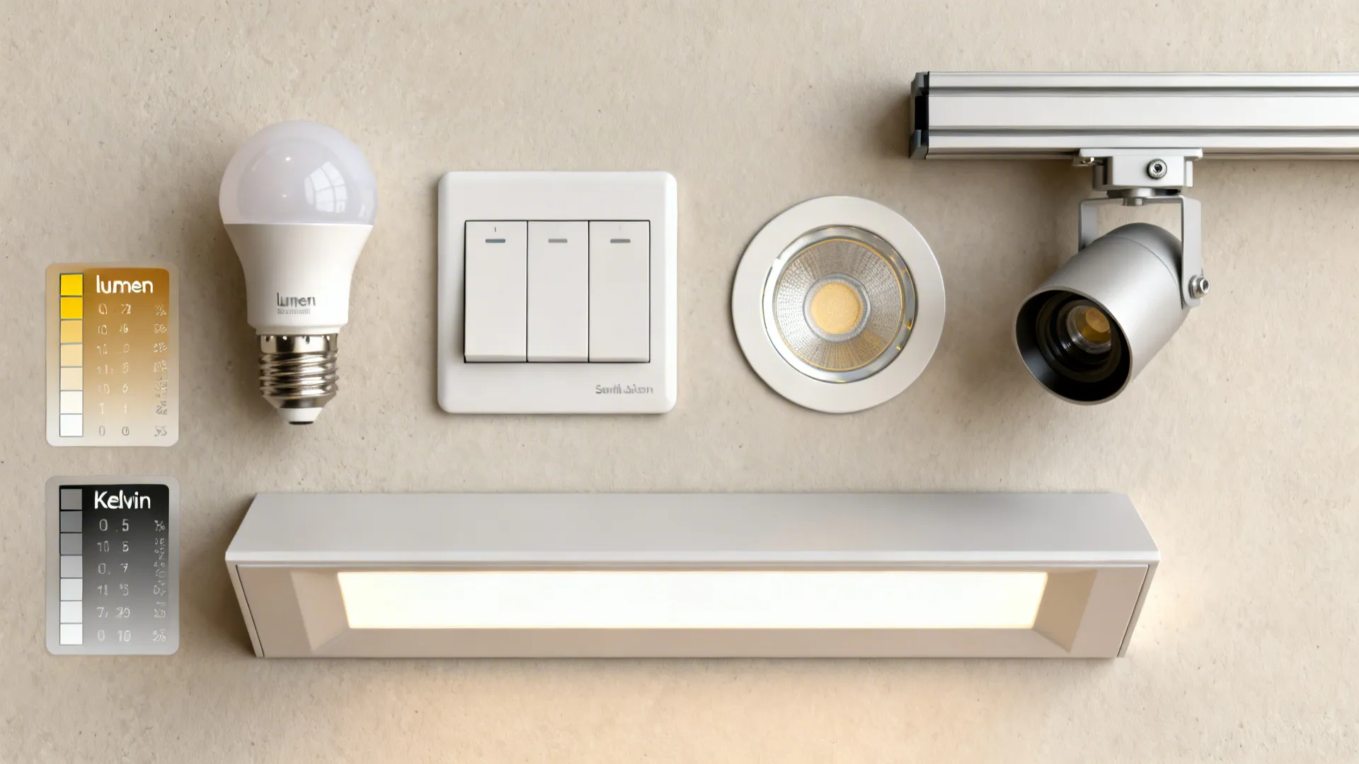 Flatlay of LED bulbs, dimmer switch, recessed trim and track head showing lumen and color temperature options.