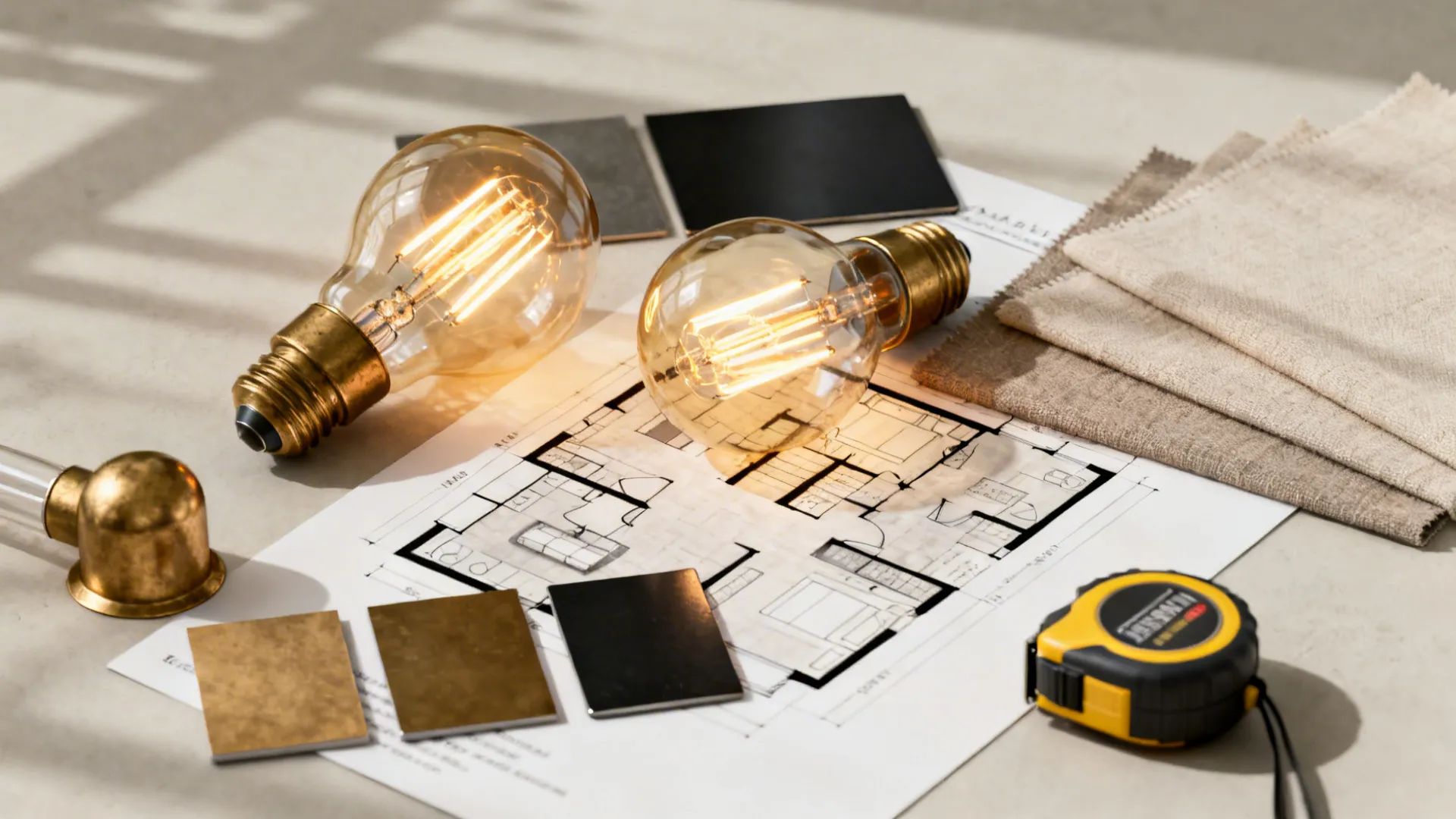 Flatlay of bulbs, metal finish samples, measuring tape and a small 3D floor plan for chandelier planning