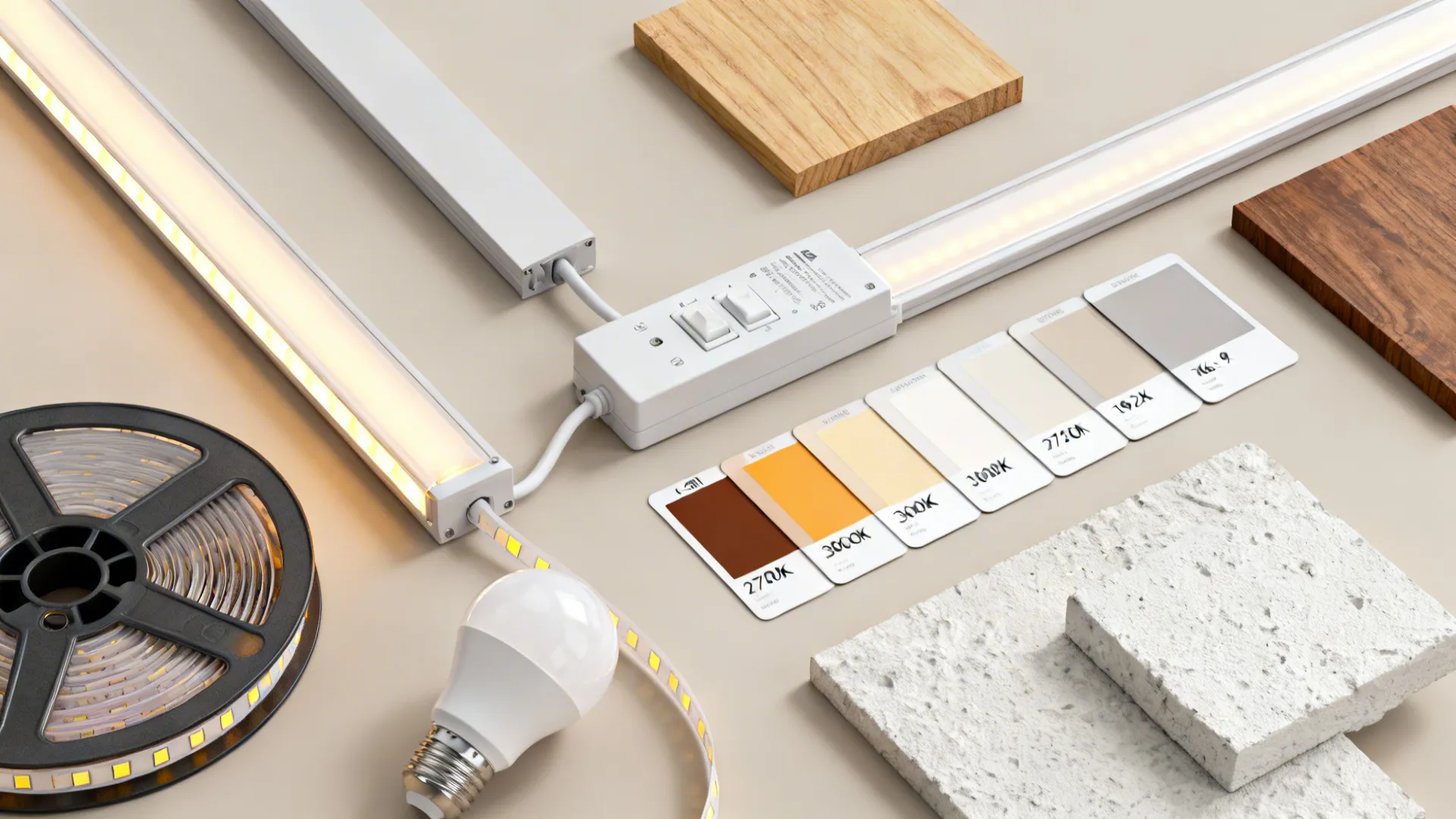 Flatlay of LED fixture samples, dimmer, LED tape and color temperature swatches for ceiling lighting choices.
