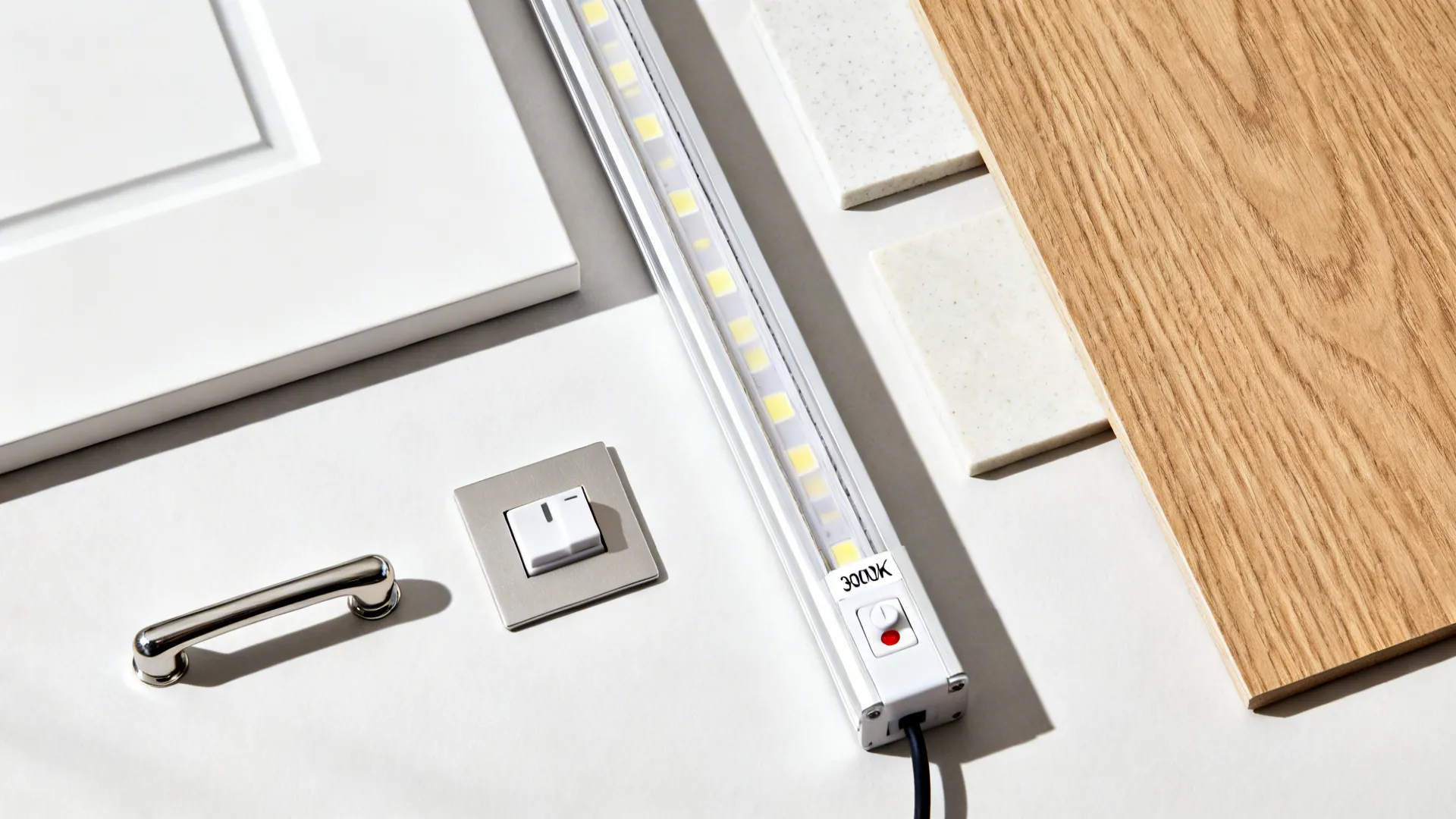 Kitchen renovation materials flat lay with wood plank cabinet door light strip switch and stone