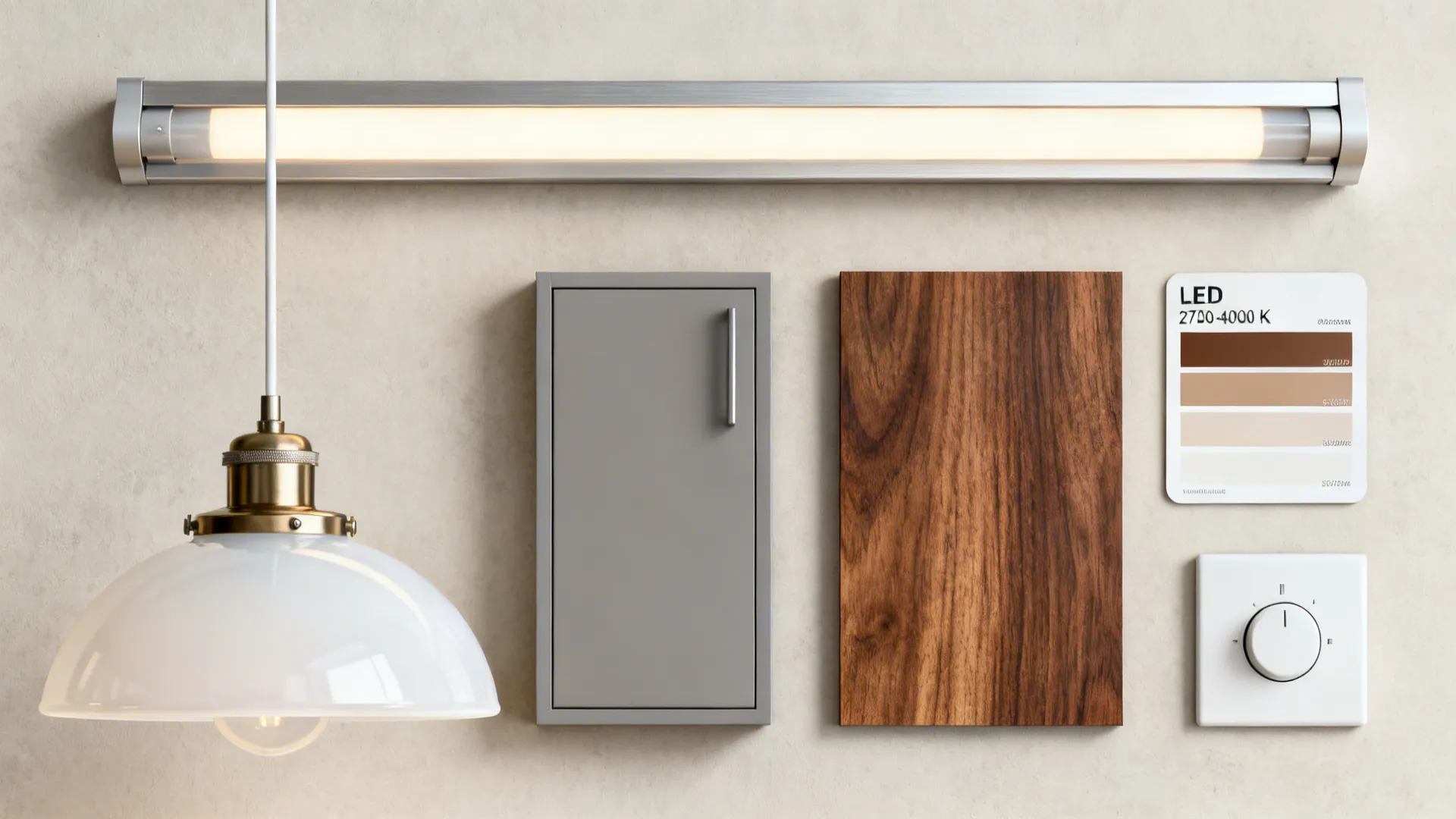 Flat lay of opal pendant diffuser, LED channel, cabinet and wood samples, CCT card, and a dimmer switch.