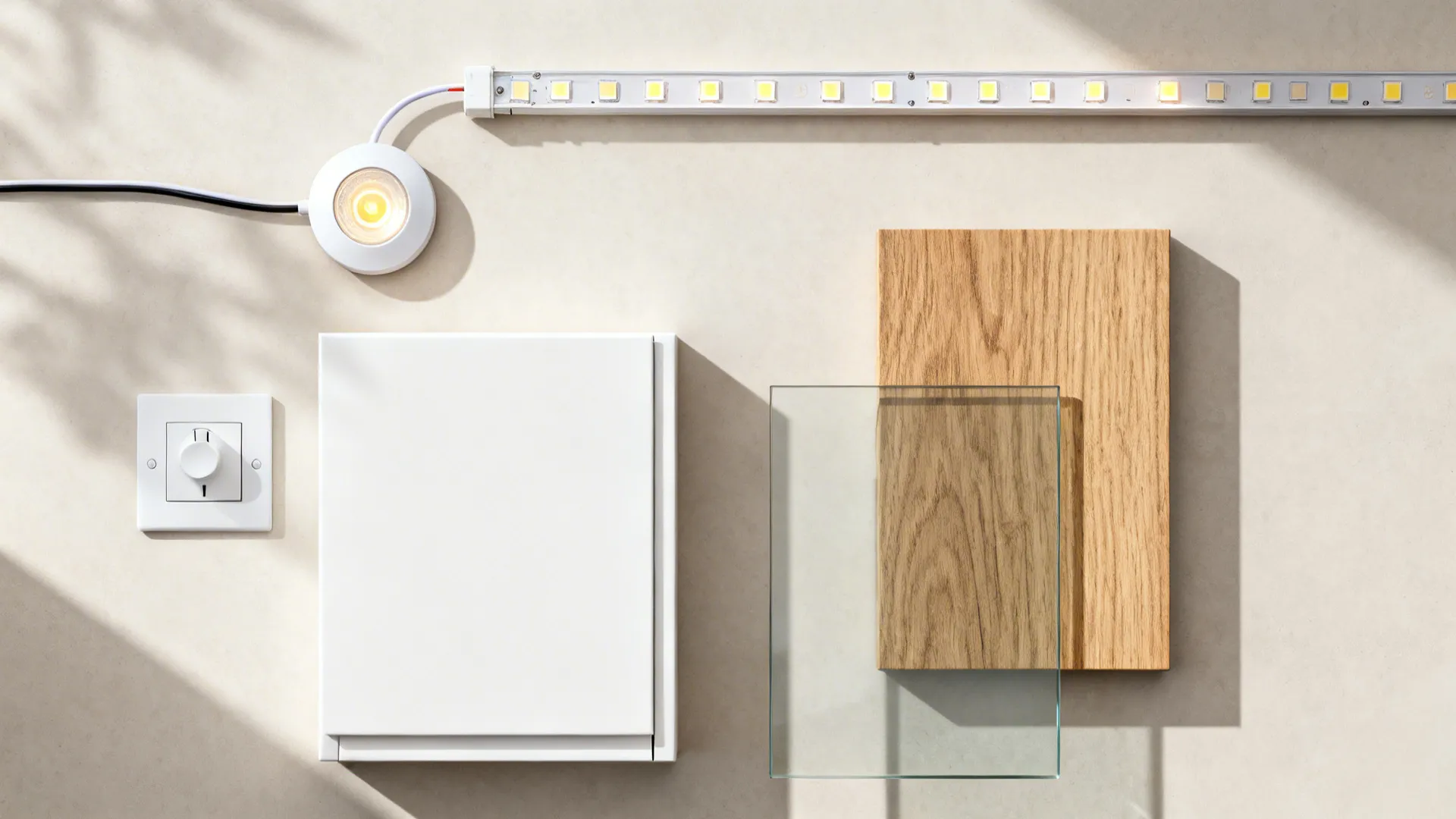 Flat lay of LED strips, puck light, dimmer, warm bulb, and finish samples for a small kitchen.