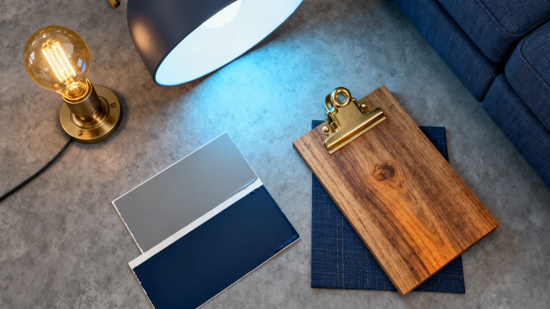 Top-down flatlay of lighting samples and paint swatches for grey and navy scheme.