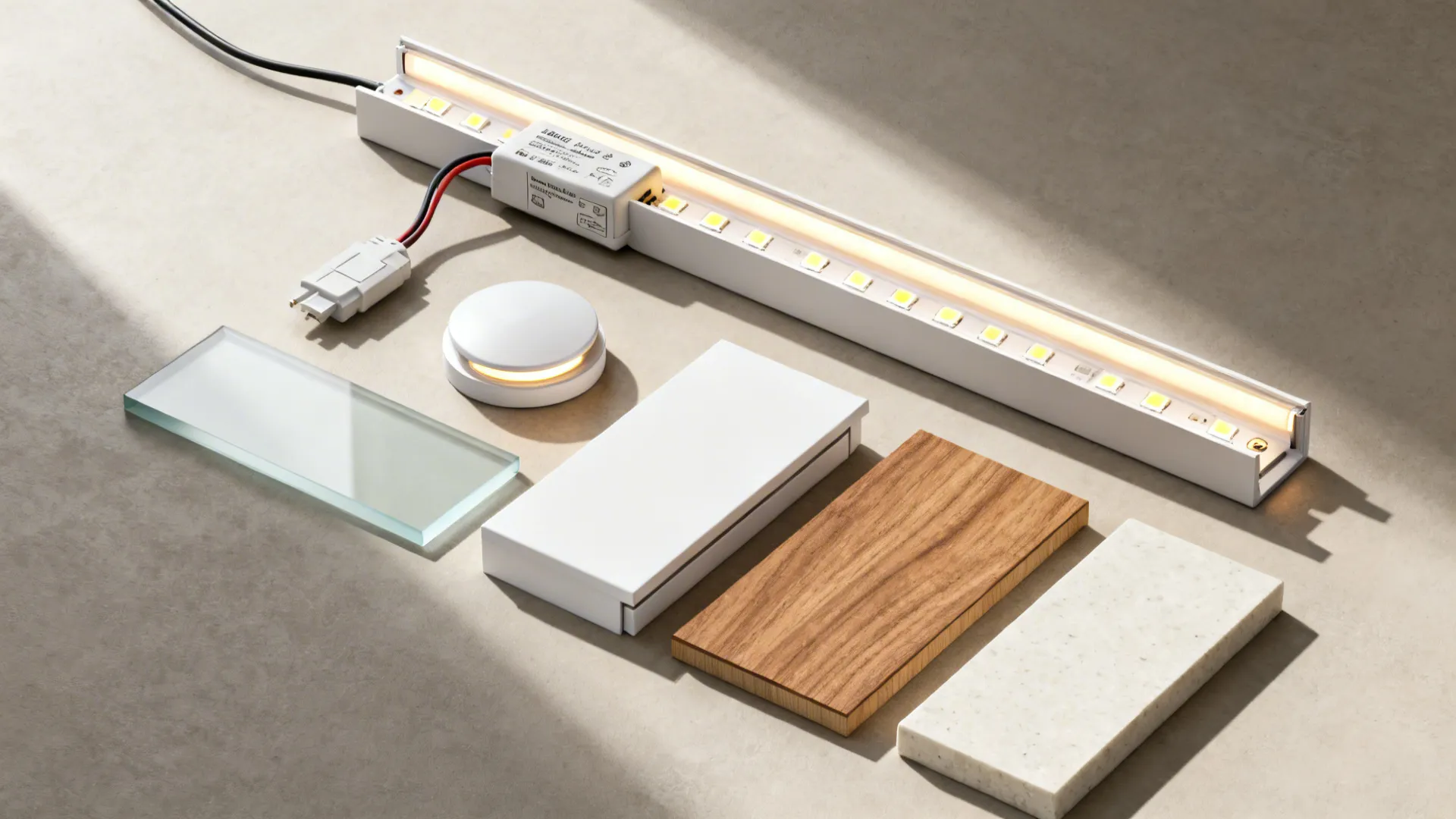 Flat lay with LED strips, diffusers, drivers, and pale finishes including oak and glass for a small kitchen.