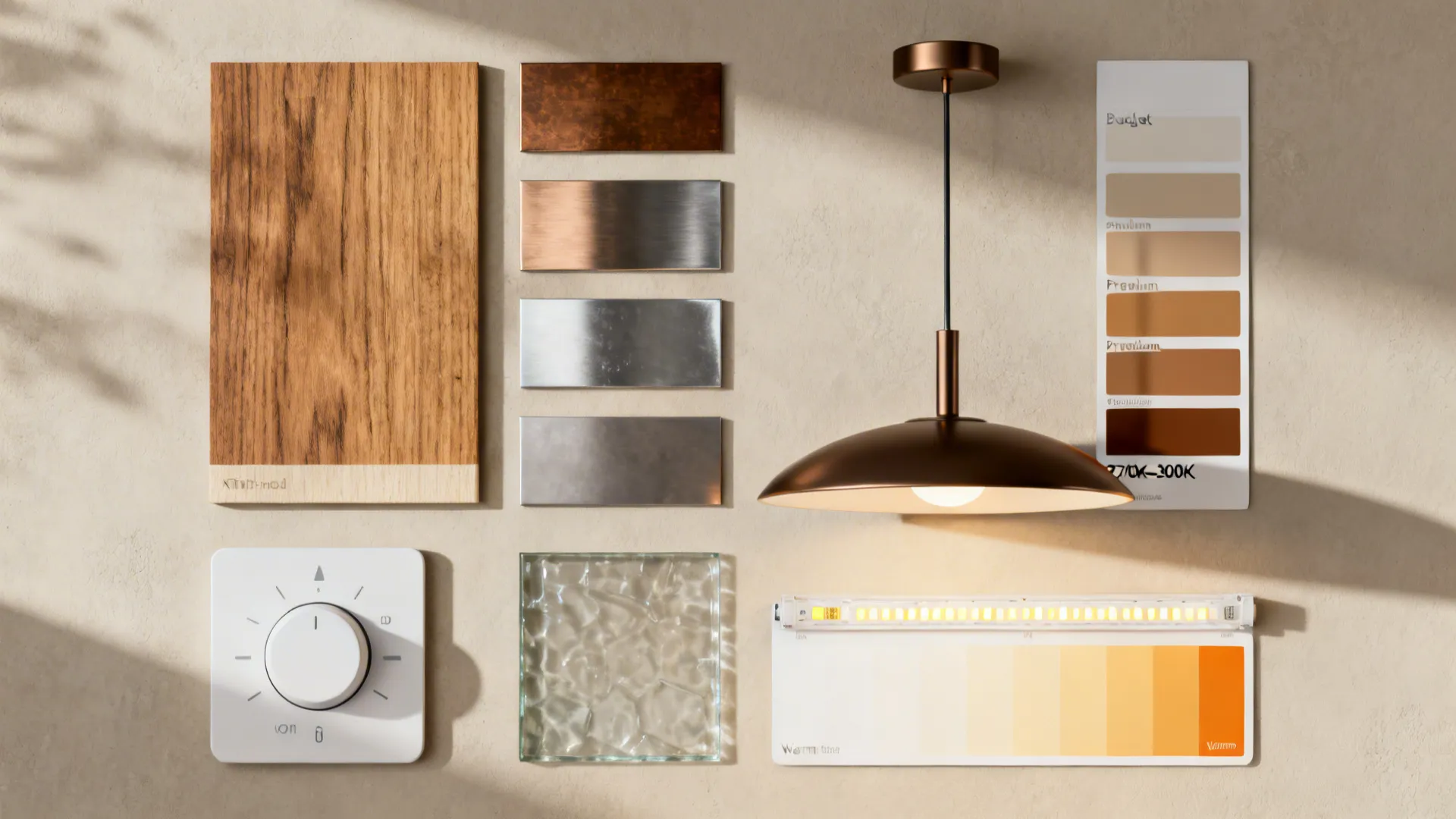 Flatlay of material samples and warm color temperature swatches for kitchen pendant lighting