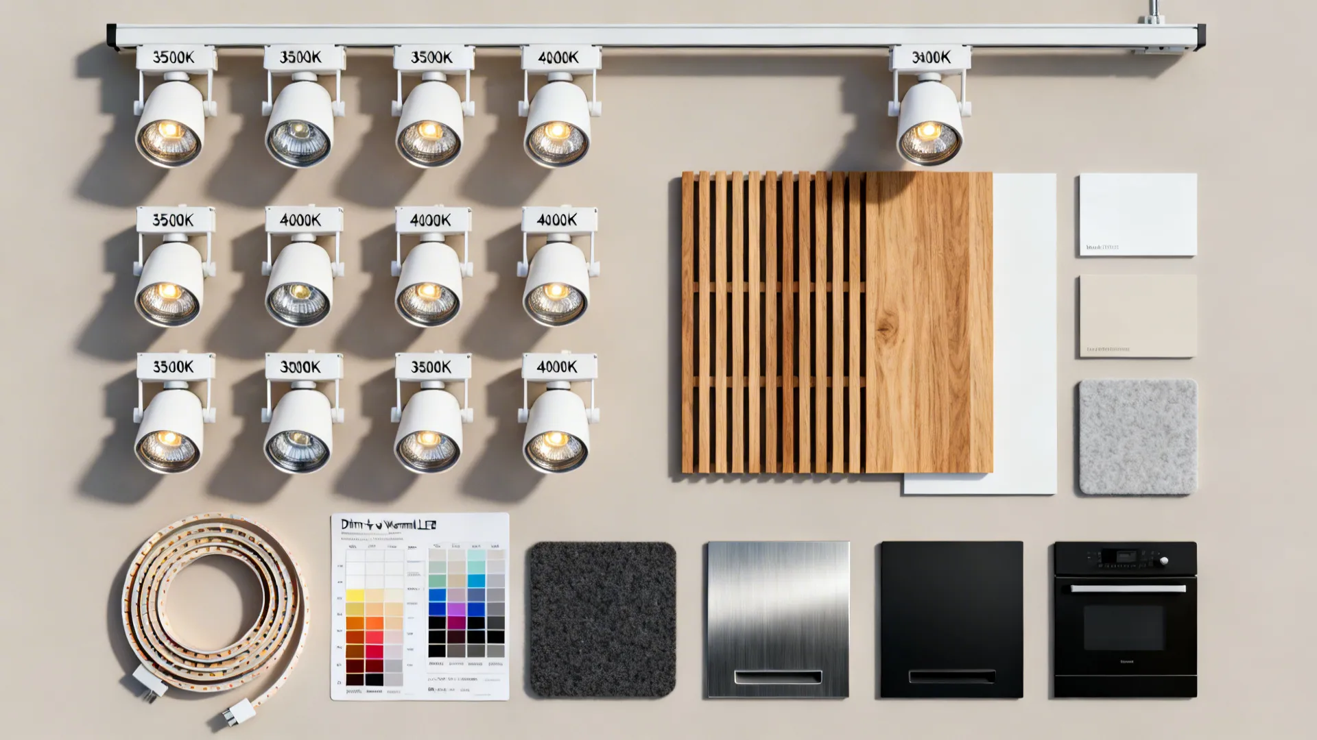 Flat lay of lighting components and material swatches for a showroom with stainless and matte finishes.