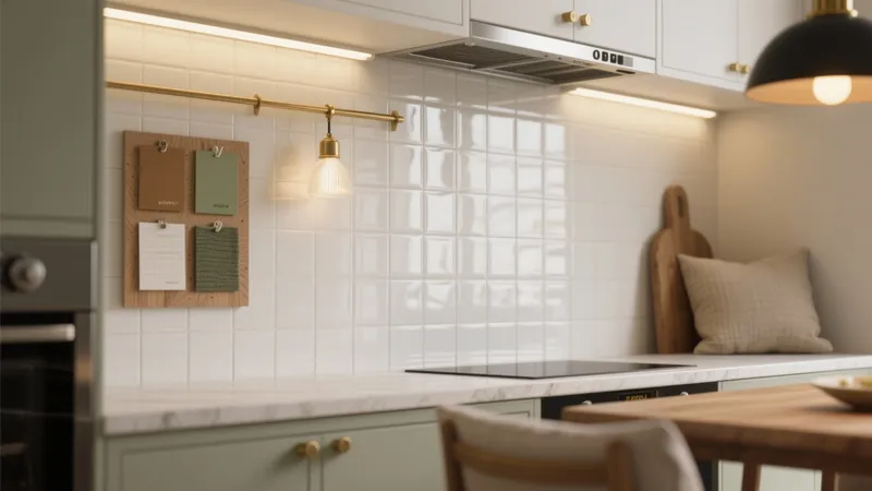 Modern Kitchen with Sage Cabinets & Gold Accent Lighting