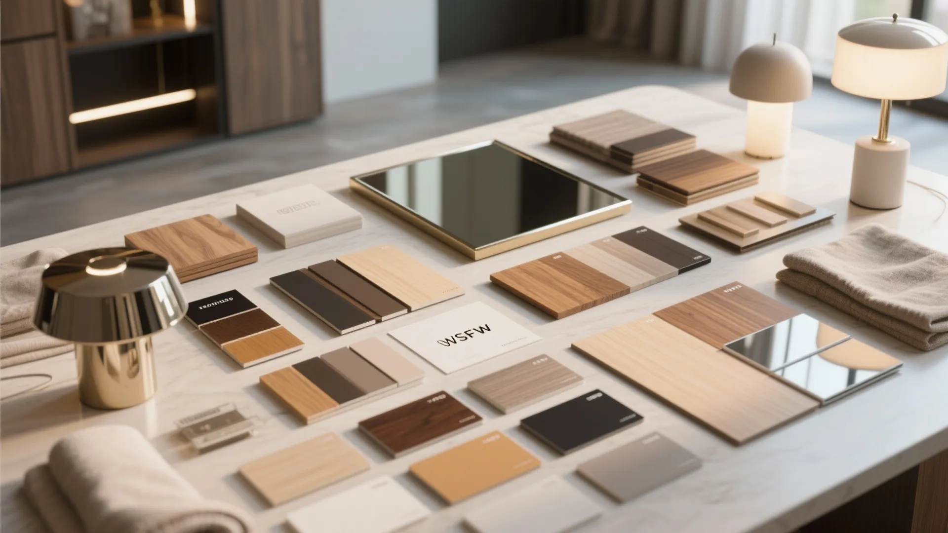Material flatlay of lighting and reflective surface samples for brightening interiors