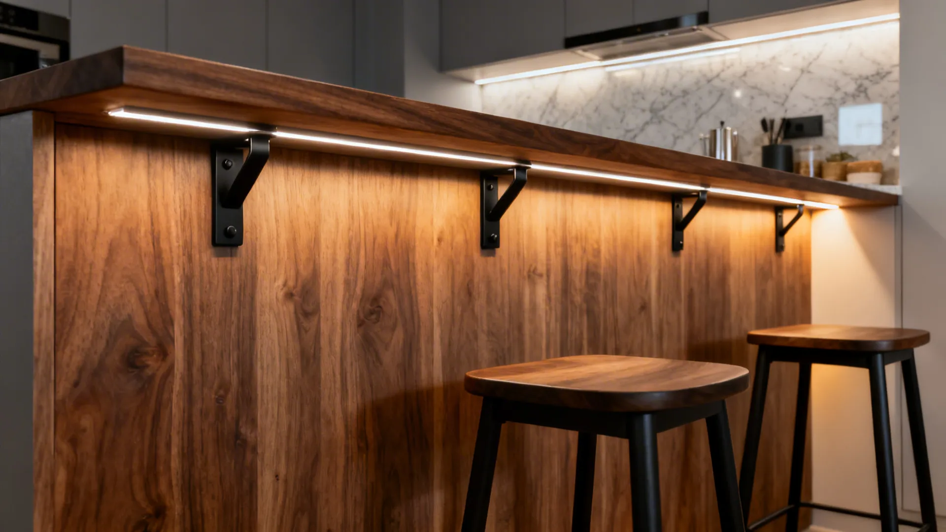 Warm walnut bar with matte black accents and soft under-bar LED strips creating a cozy glow.