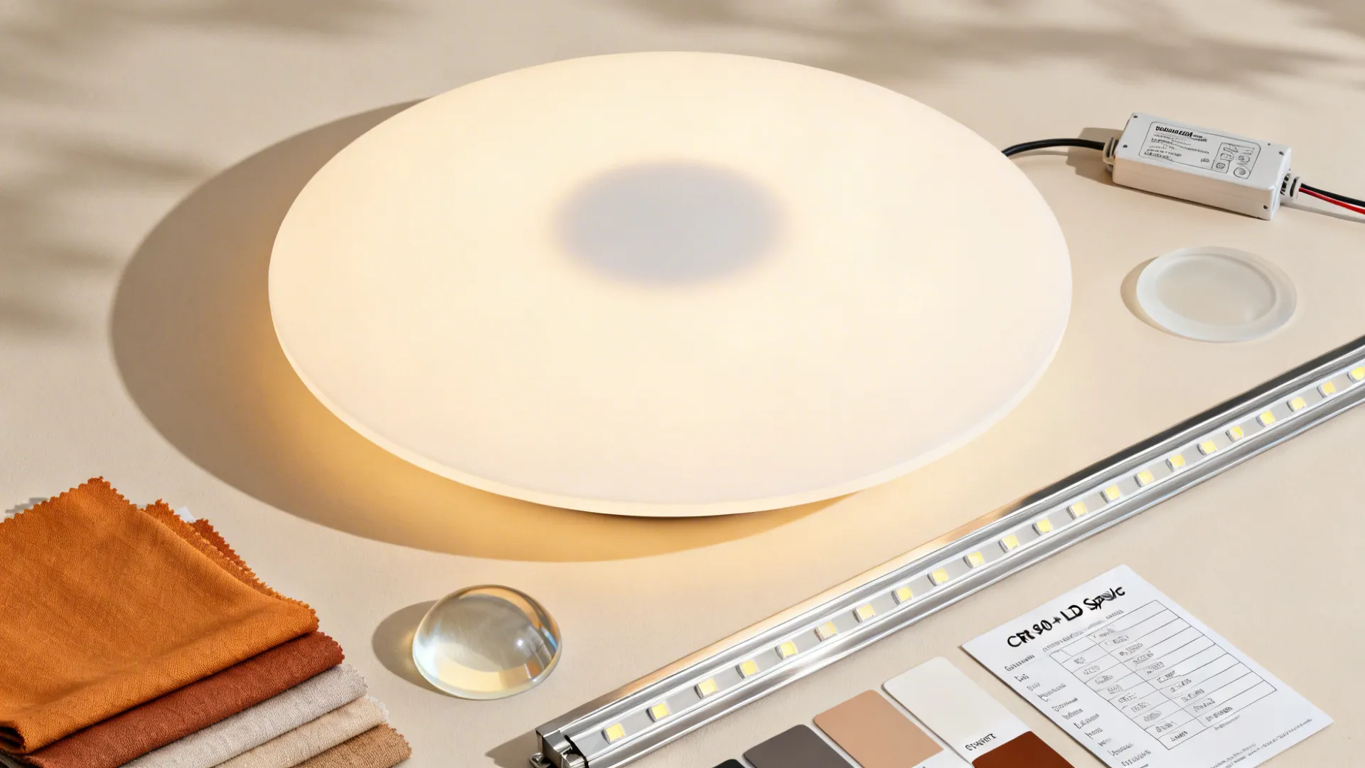 Top-down flatlay of semi-flush diffuser, LED components, channels, and warm neutral finishes.