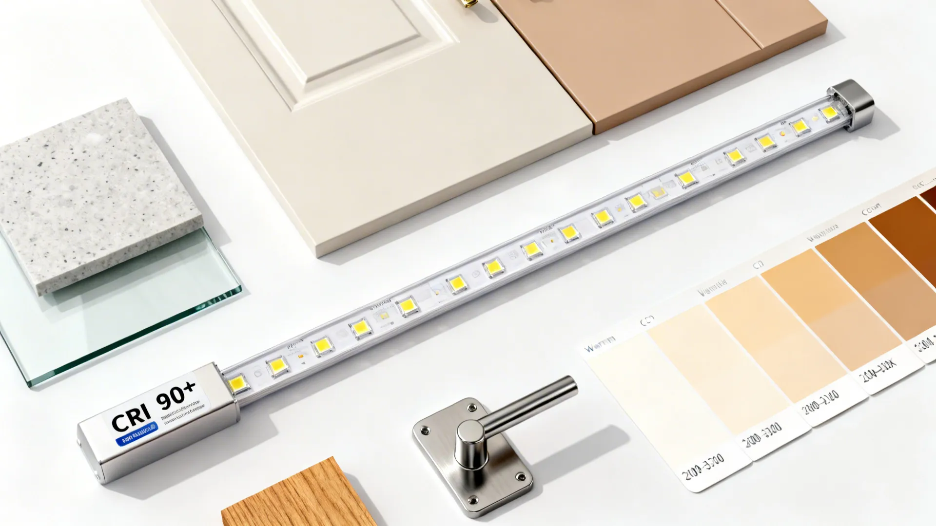 Top-down flat lay of glass, satin quartz, matte fronts, LEDs, and warm-neutral swatches.