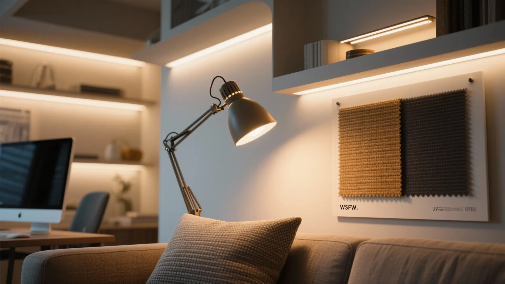 Layered lighting vignette with task lamp, ambient lights, and a performance fabric swatch for climate resilience.