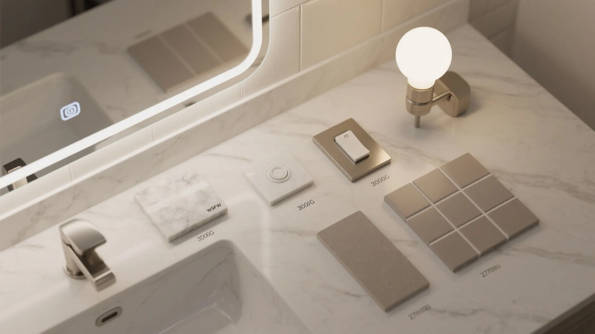 Material samples on marble sink top with light switch wall light and small square tiles